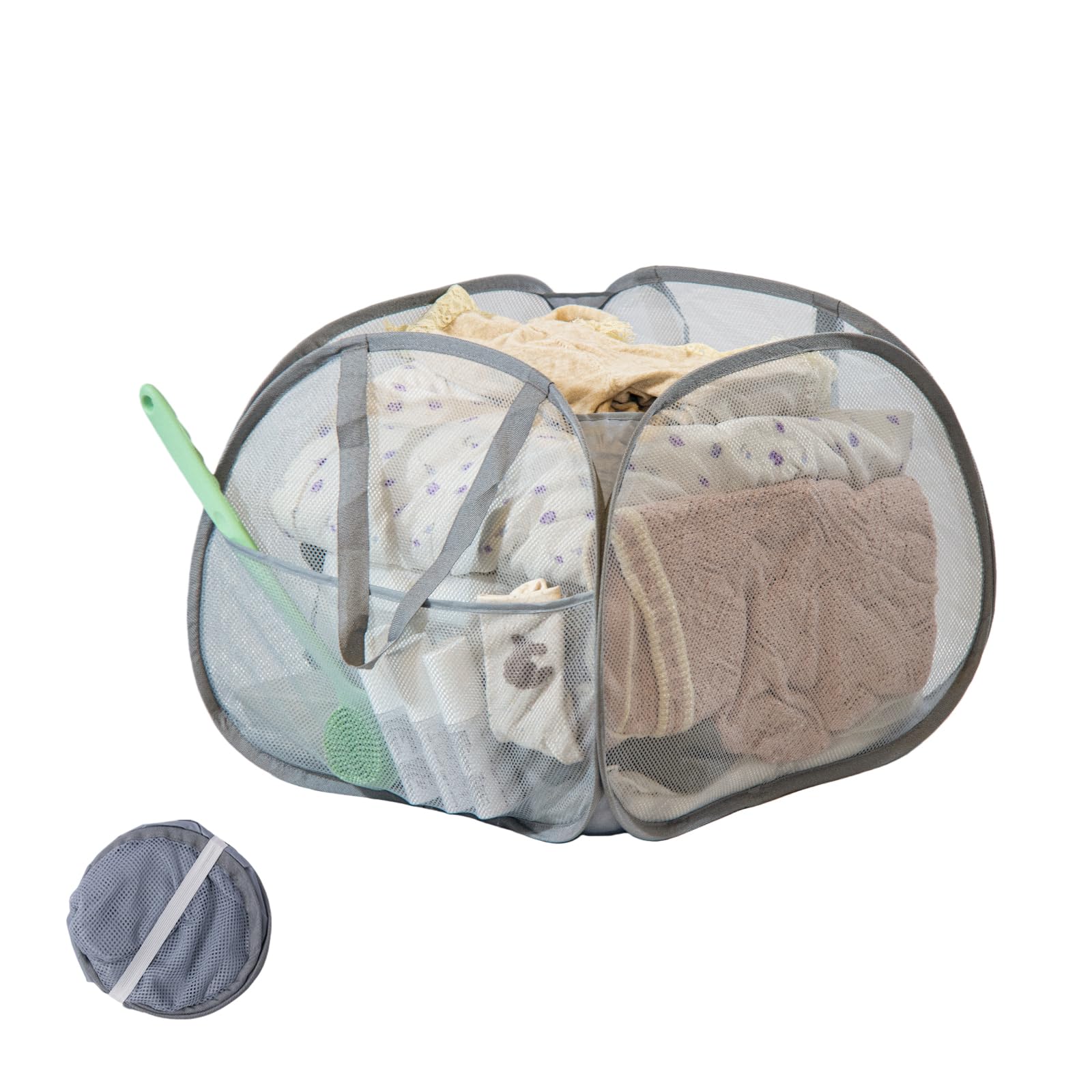 HEDONLEE Collapsible Laundry Basket, 90L Foldable Pop-up Laundry Hamper with Handles, Square Mesh Dirty Clothes Hamper for Laundry, Bathroom, Kids Room, Dorm,Travel or Camping (Gray)