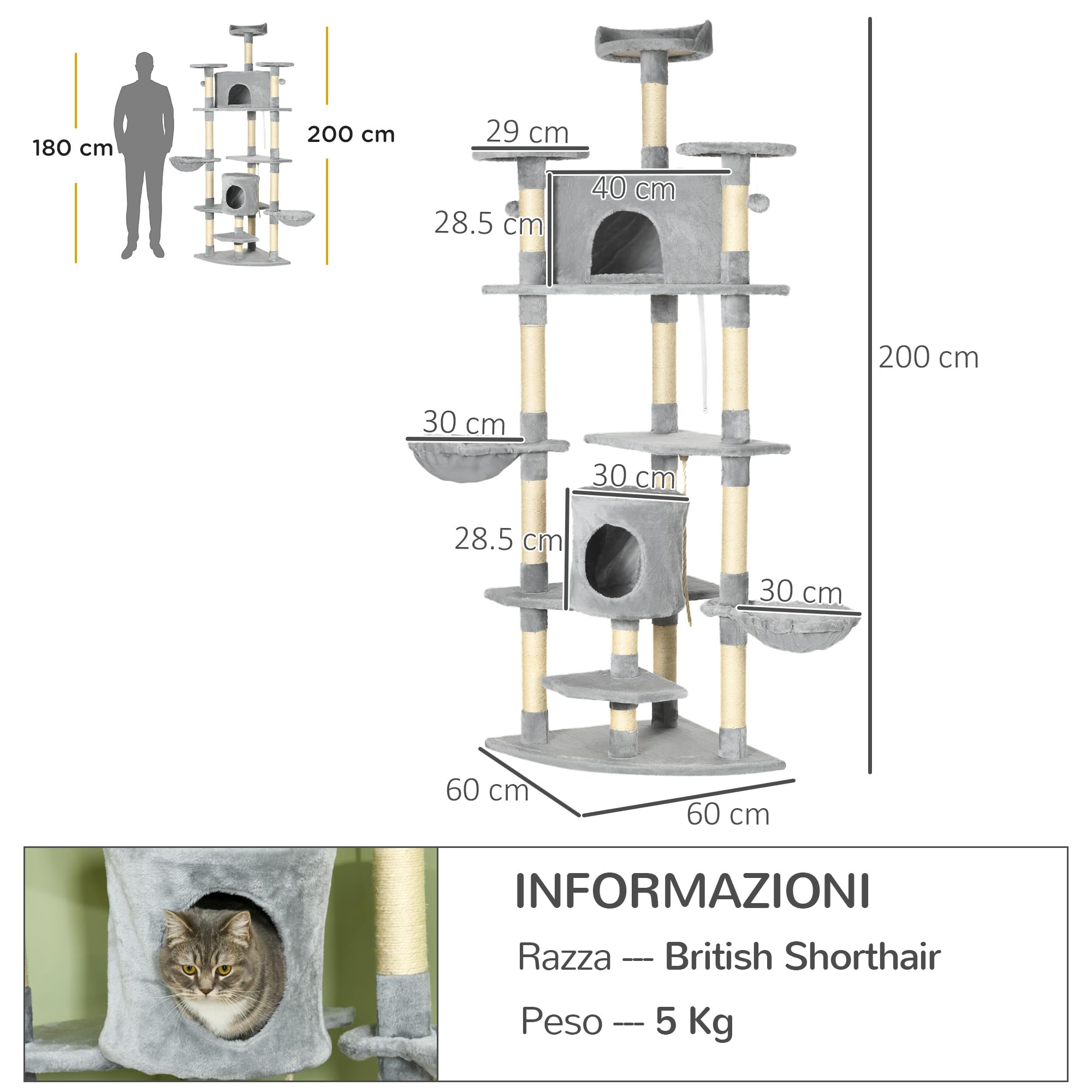 PawHut Albero Tiragraffi per Gatti Alto 200cm 60x60x200cm Grigio Chiaro