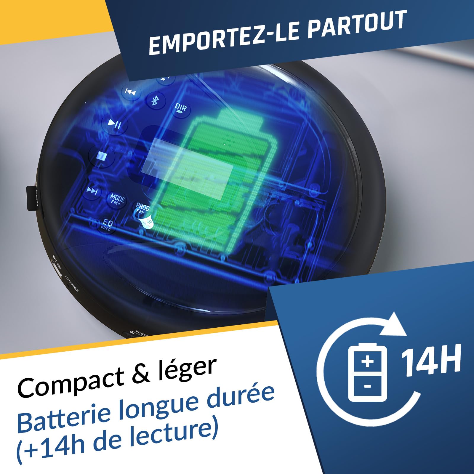KLIM Discover - Lecteur CD Portable avec Batterie Longue durée et Casque - Radio FM - Compatible MP3 et Carte SD - Transmetteur FM, Bluetooth - Idéal pour Voiture