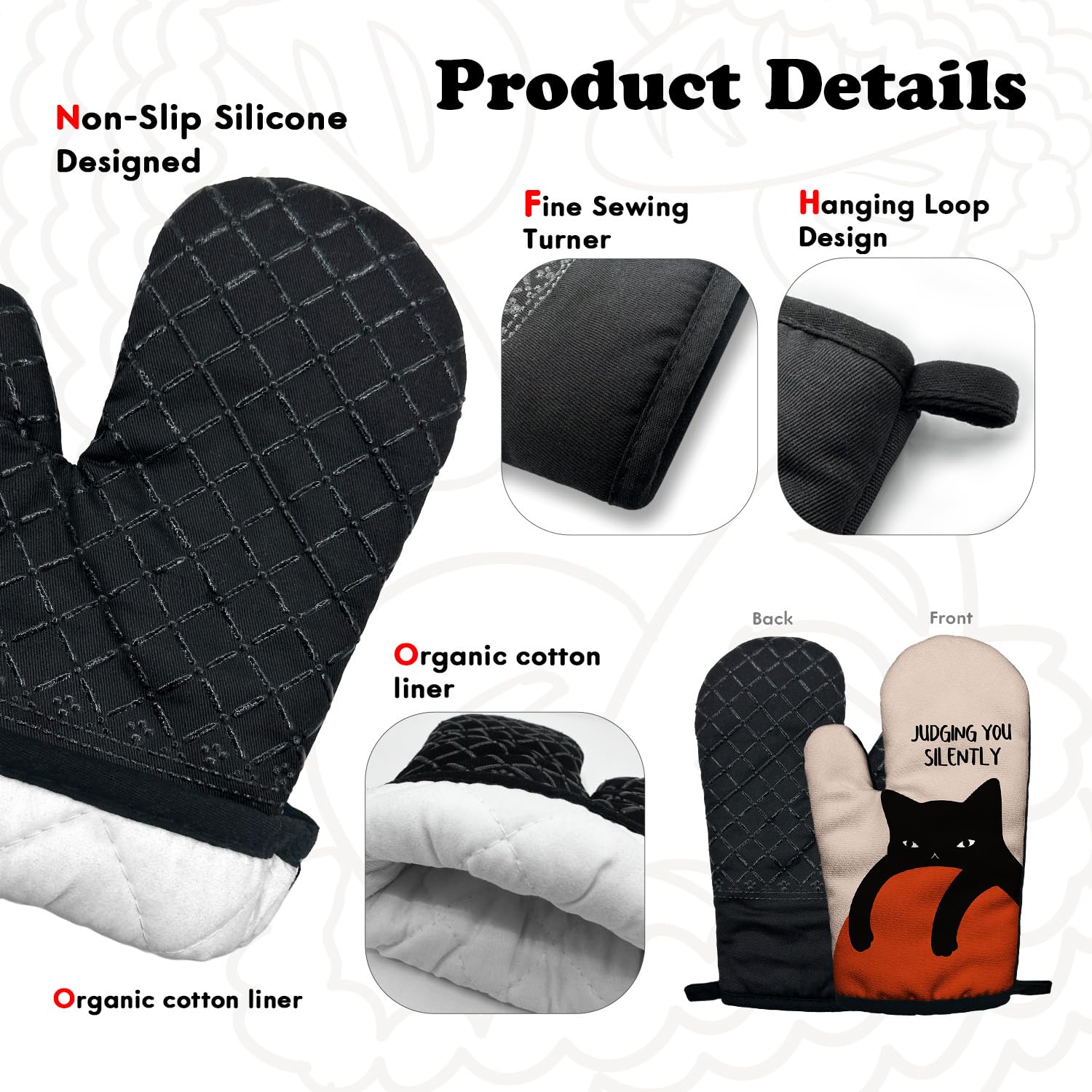 Divertidos accesorios de cocina para cocinar y hornear con silicona resistente al calor, antideslizantes, juego de 2 manoplas de horno para juzgar silenciosamente, regalos para amantes de los gatos