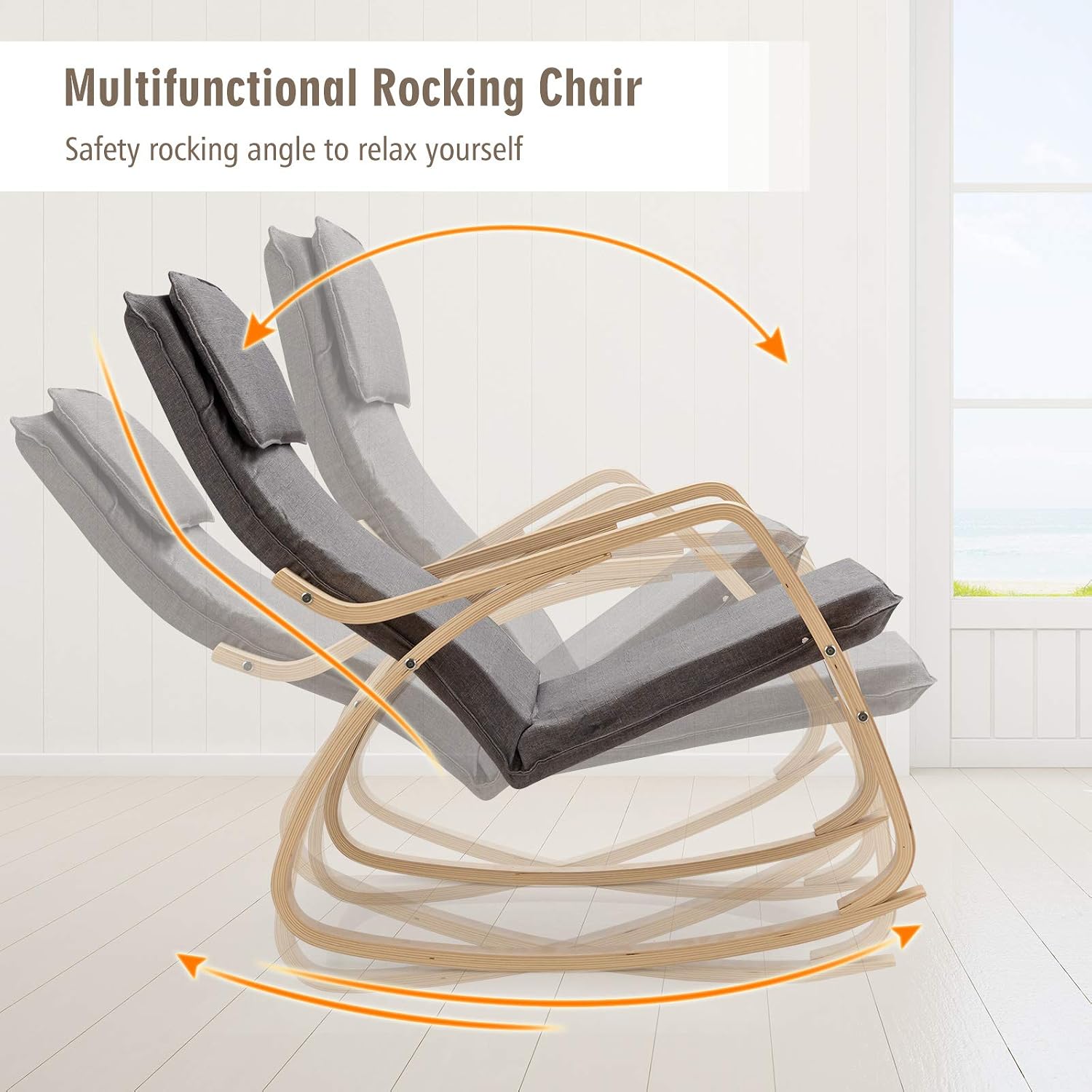 S AFSTAR Rocking Chair, Hardwood Rocker Chair with Metal, Wood Frame & Accent Fabric, Nursery Rocking Armchairs for Indoor, Bedroom & Living Room (Gray)