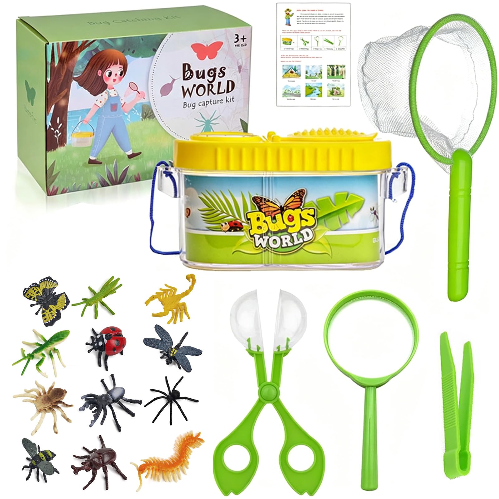 Bug Catcher for Kids,Outdoor Explorer Kit 17Pcs Bug Hunting Kits for Children Insect Observation Box Insect Net Scissors Tweezer Magnifying Glass