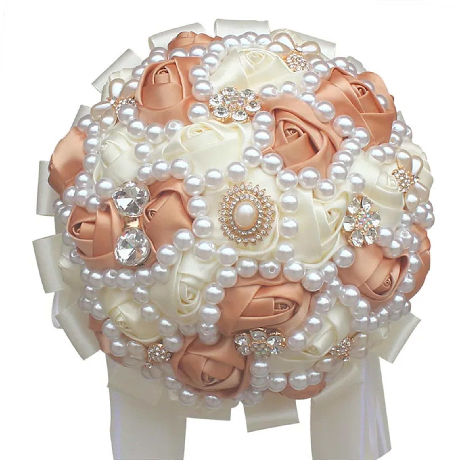 NDLHXKFRP Wedding bouquets for brides and bridesmaids, Wedding Bouquet Bridal Artificial Satin Rose Brooch Pearl Ribbon Diamond(Color 1)