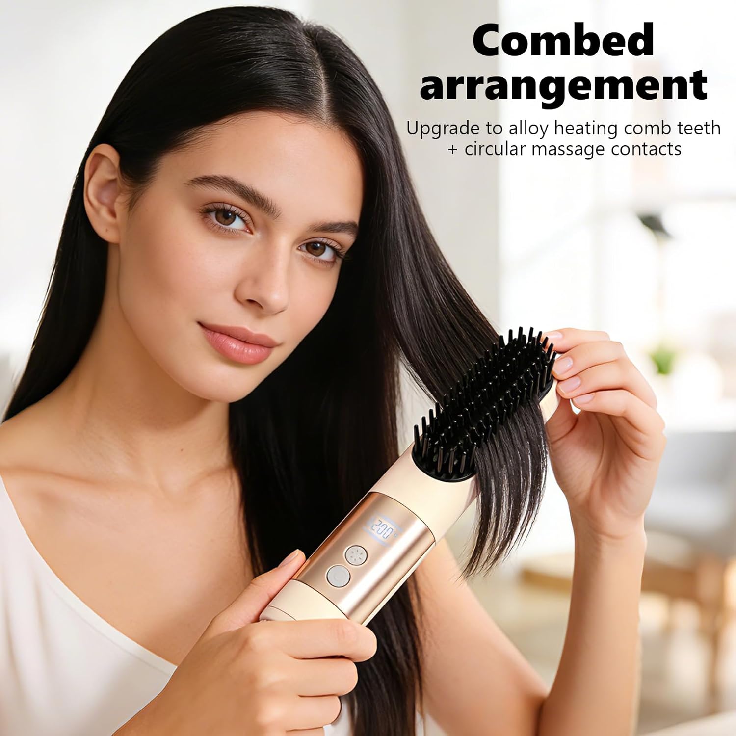 Go Brush Pro 2026 Hair Straightener, 3-Temperature Fast Heating Ceramic Ionic Hair Brush, Portable Frizz Control Styling Tool for Women, Beige