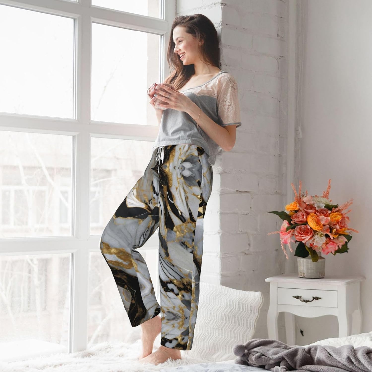 Luxury Marble Pattern Print Cozy Christmas Pajama Pants,Flannel Pajama Bottoms,Cater To Various Body Types