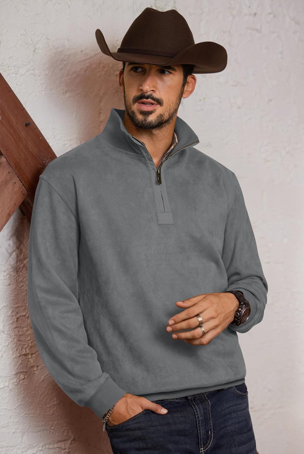 Mens Western Quarter Zip Pullover Midweight Mock Neck Suede Fabric Casual Sweatshirts (S-XXL) - Image 2