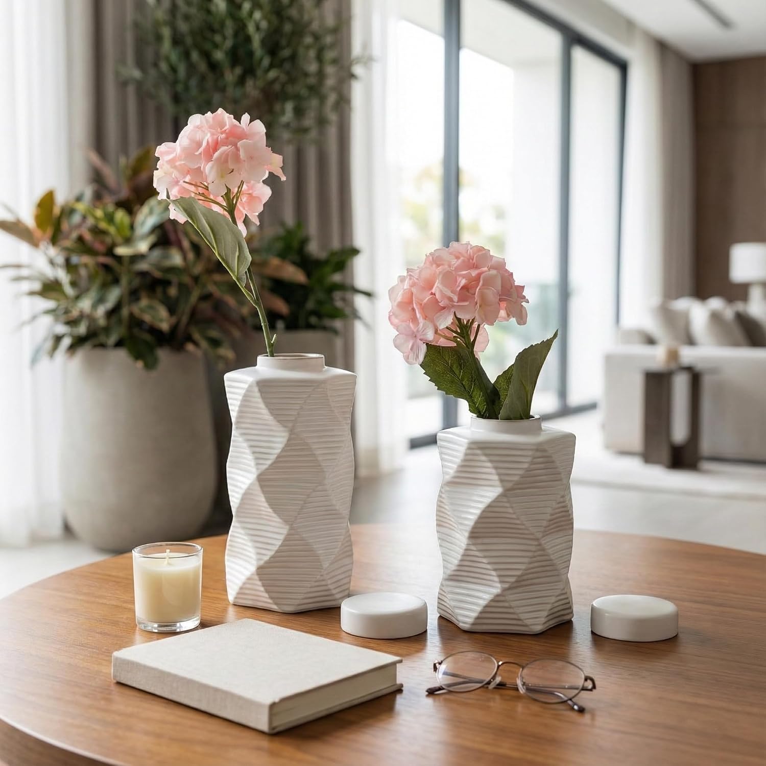 Ceramic Textured Jar with Lid for Living Room and Home Decor - Decorative Flower Vase for Bedroom, Office, and Entryway - Sculptural Table Decor or Kitchen Counter - Set of 2, 13", 10", White