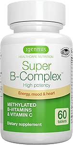 Super B-Complex – Methylated Sustained Release B Complex &amp; Vitamin C, Folate &amp; Methylcobalamin, Vegan, Energy, Heart &amp; Brain Function, 60 Small Tablets