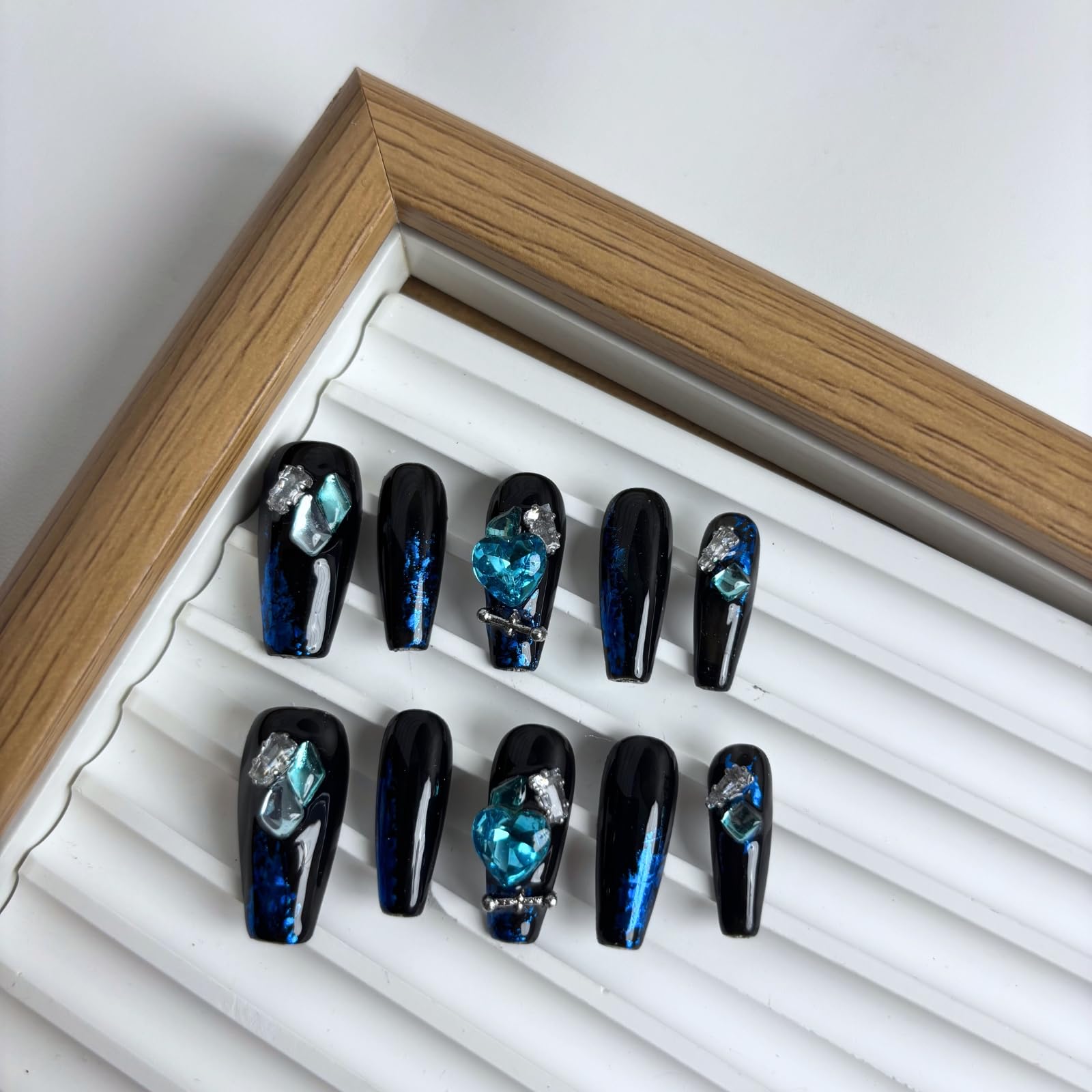 Yabonica Dark Blue Press On Nails Medium Square- 10Pcs Reusable Pre Designed Press On Nails- Luxury Glue On Nail with Cute Salon Design,Acrylic Stick