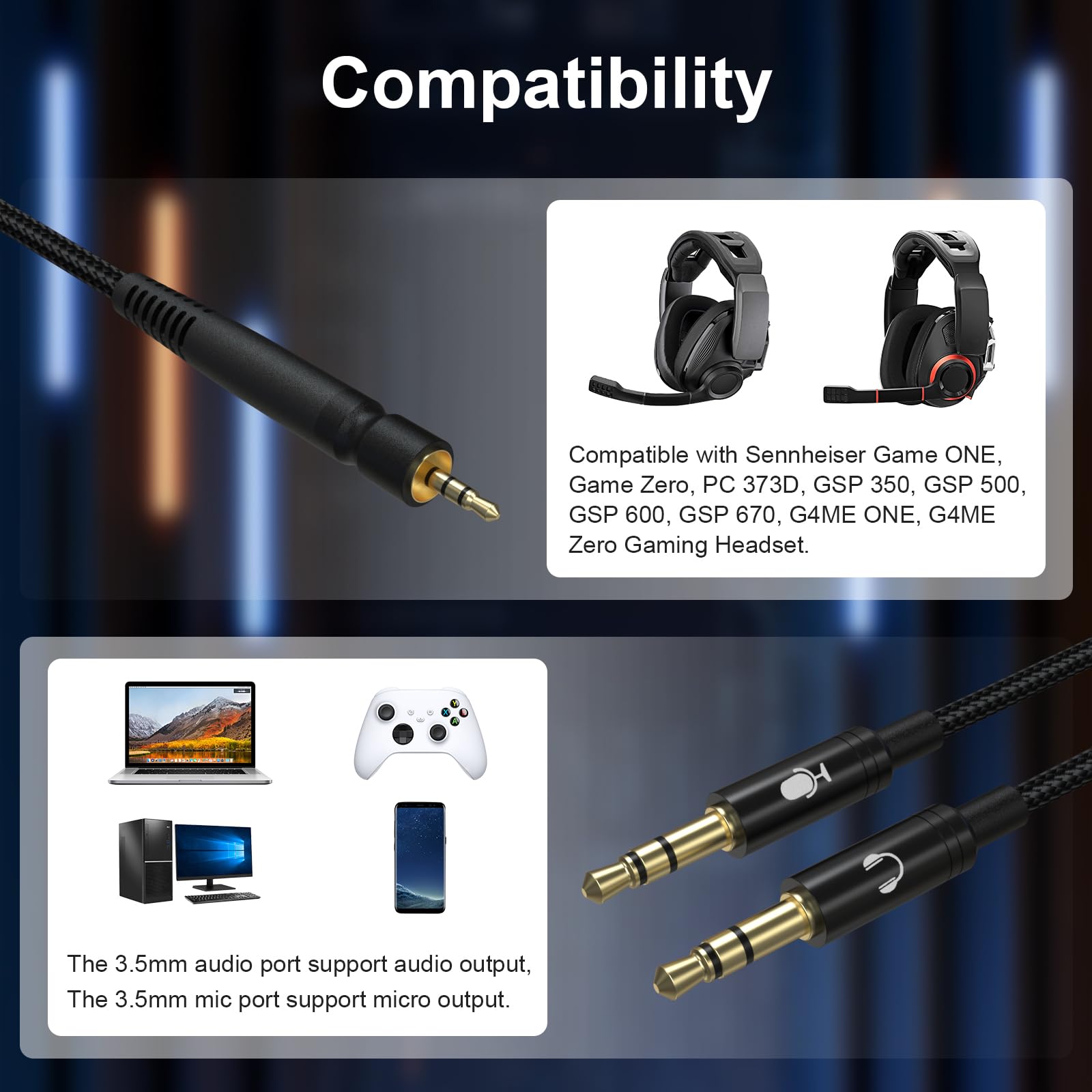 Toxaoii GSP 600 Replacement Cable with Volume Control Compatible with Sennheiser Game ONE, Game Zero, PC 373D, GSP 350, GSP 500, GSP 600, GSP 670 Gaming Headphones Game ONE Headset Cable(2M/6.5FT)