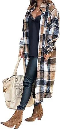 GEOUSLY Womens Casual Flannel Wool Blend Plaid Lapel Button Down Shirt Long Sleeve Shacket Jacket with Pockets