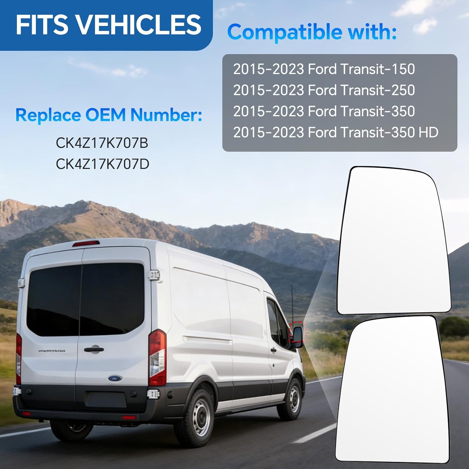 1 Pair Upper Side Mirror Glass Replacement for Ford Transit 150 250 350 2015-2023 MK8, Driver Left and Passenger Right Side Heated Mirror with Backing Plate and 4 Metal Clips (1 Set)