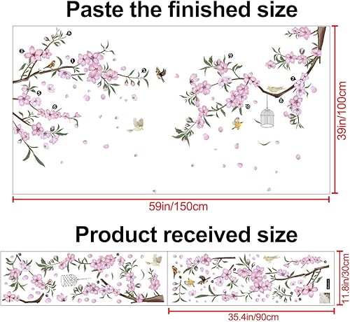 Miniatura 2 de 2 hojas de calcomanías de pared de flor de durazno rosa, ramas de cerezo, calcomanías de pared extraíbles para niños, niñas, dormitorio, sala de