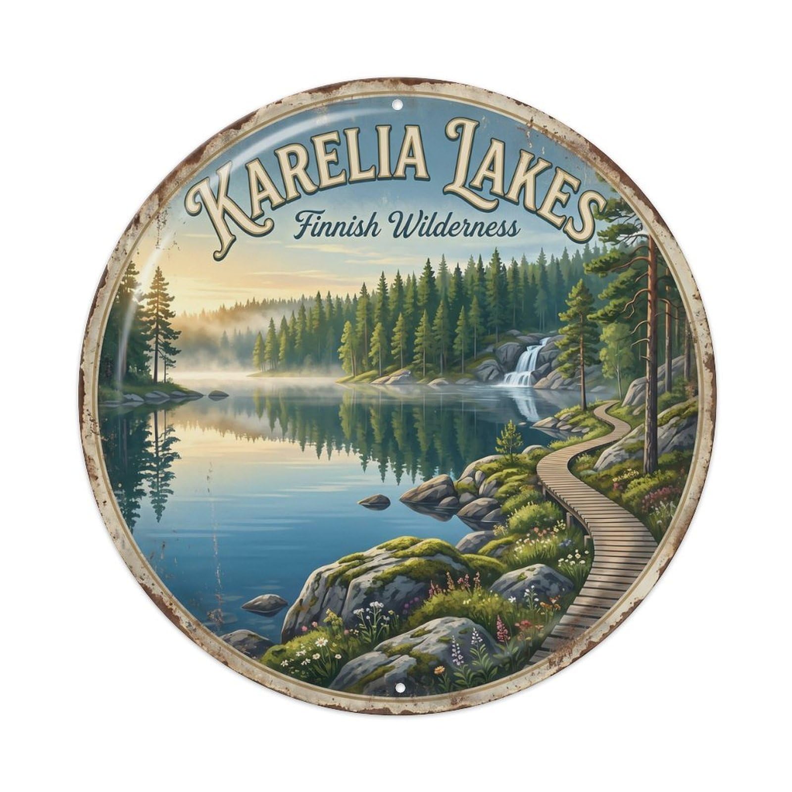 Vintage Travel Karelia Forest Finland Lakeland Metal Tin Sign Plaque Wall Decor for Cafe, Club, Garden Round Metal Poster 8x8Inch