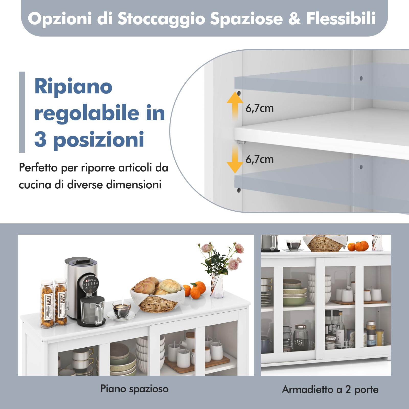 COSTWAY Armadietto da Cucina Mobile Laterale Multiuso con Ante Scorrevoli, in MDF e Vetro, 106,5 x 33 x 62,5 cm (Bianco)