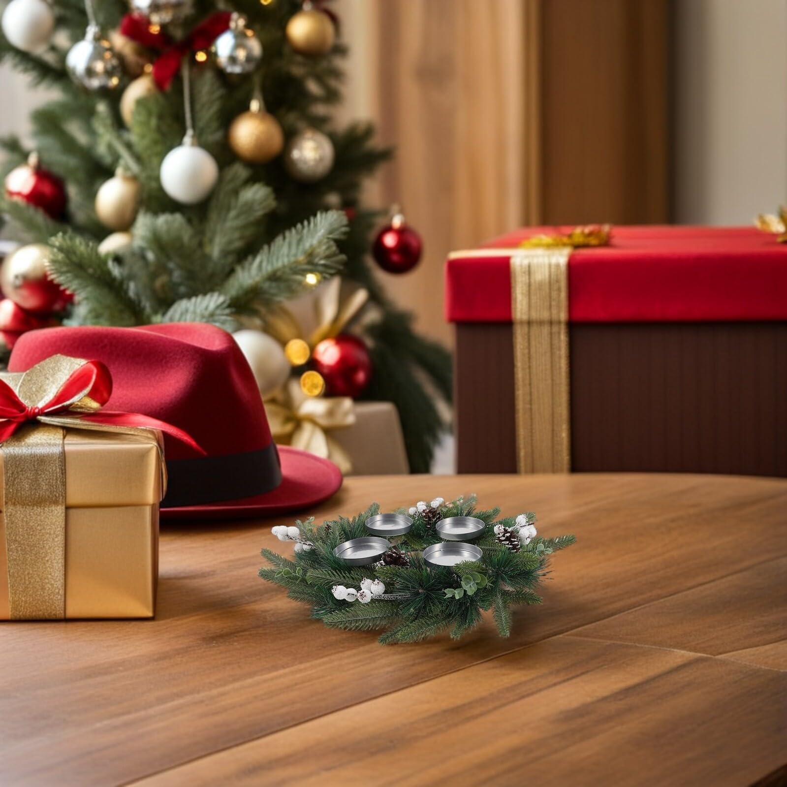 Anillo de Adviento de Navidad Portavelas de Vela de Pino Artificial Cono y Bayas para Chimenea de Centro de Mesa Navideña Decoración de Guirnalda Navideña