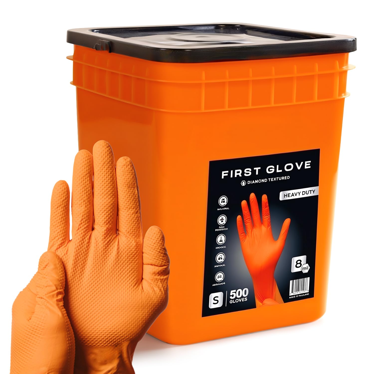 First Glove Guantes de nitrilo con textura de diamante naranja de 8 mil, guantes industriales de nitrilo, sin látex, grandes, 500 unidades