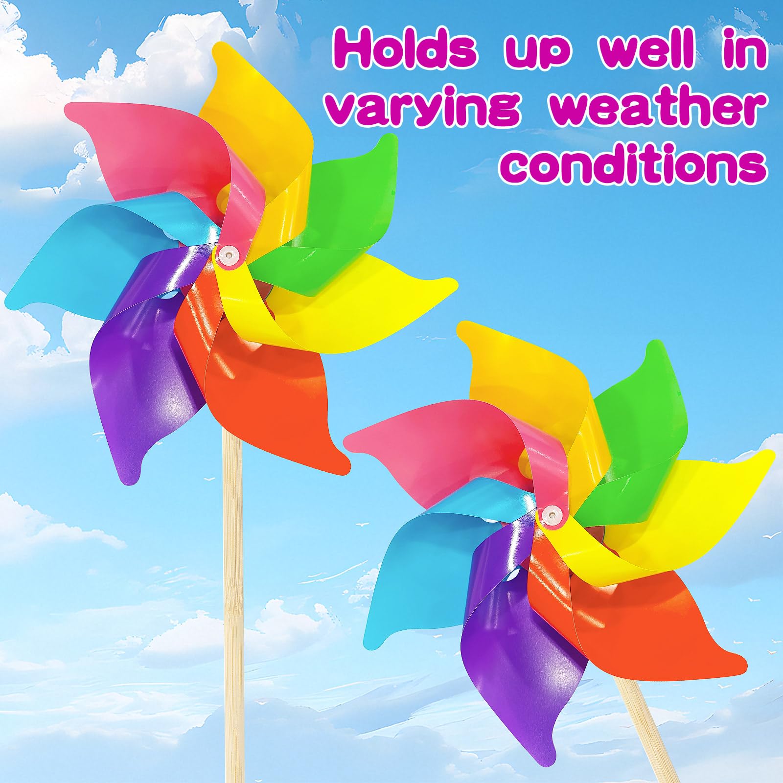 25 PCS Rainbow Flower Pinwheels, 17 Inch Plastic Colorful Windmills with Wood Sticks for Lawn Patio Garden Picnic Party Yard Decoration - Image 5
