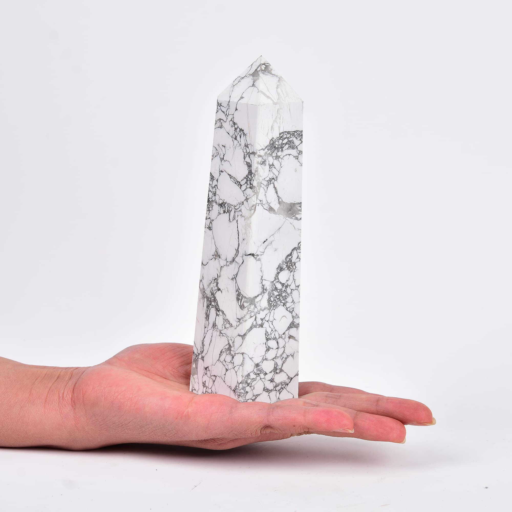 JIC Gem Large Healing Crystal Obelisk Tower White Howlite Point Crystal Wand Decor 1-1.3 Lbs