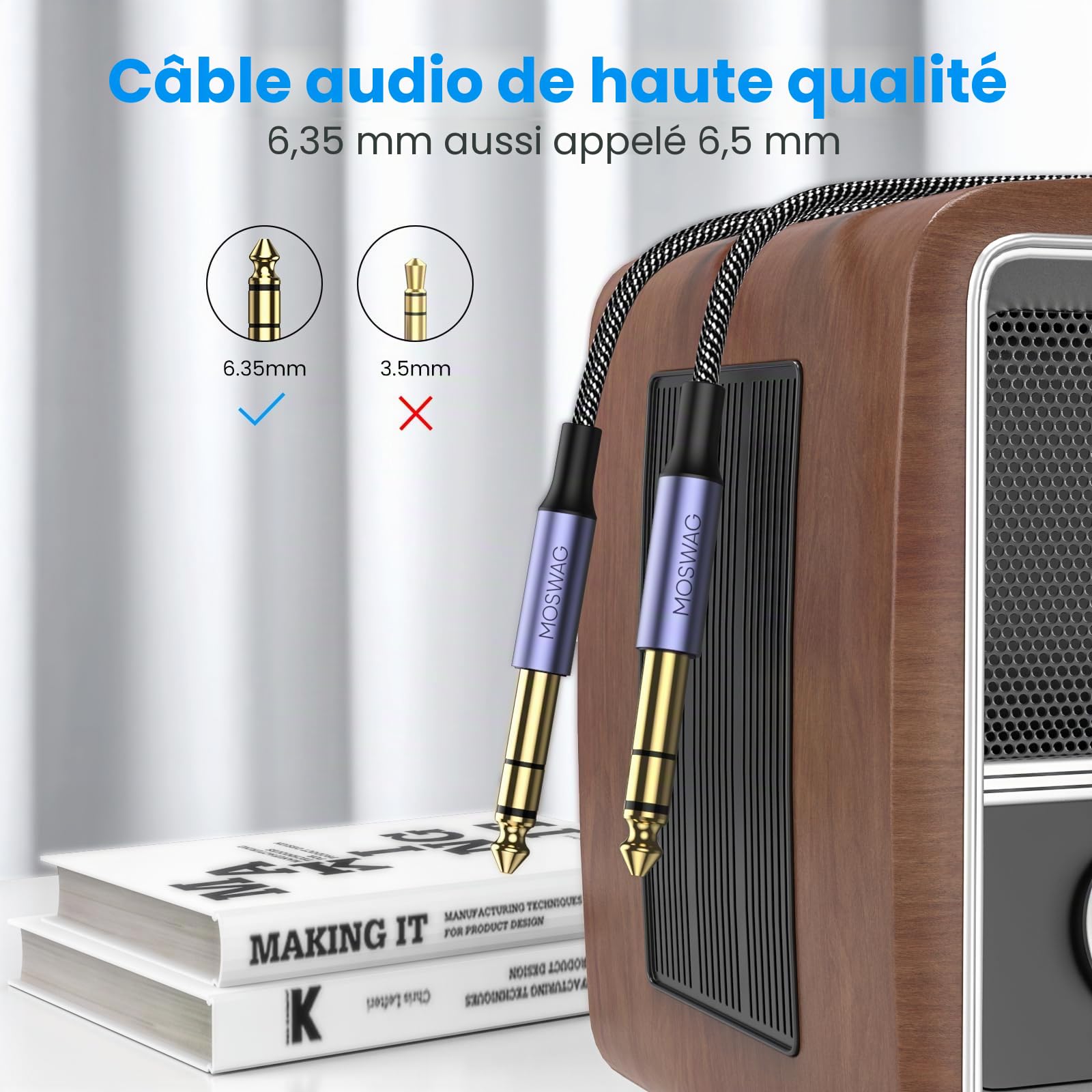 MOSWAG Câble pour Guitare 1M, Câble pour Instruments Stéréo 6,35mm TRS, Jack 6,3mm à Jack 6,3mm Connecteur Tressé pour Ampli, Blindage Anti-Bruit pour Guitare, Ampli, Basse, Clavier, Pédales d'Effets