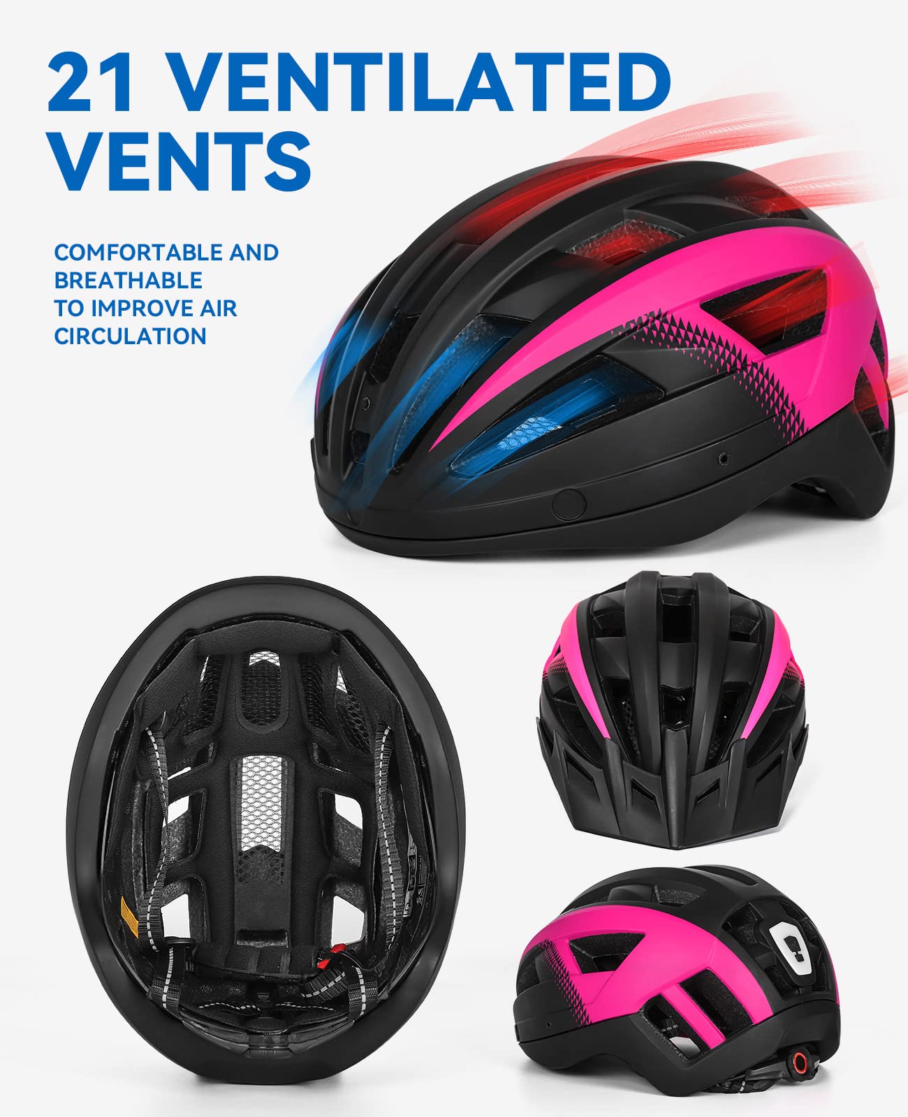 Kask rowerowy męski i damski, lekki kask rowerowy z magnetycznym wizjerem i ładowaniem przez USB, stylowy kask górski 57-61 cm, biało-czarny (L: 57-61 cm, Czarny Różowy)