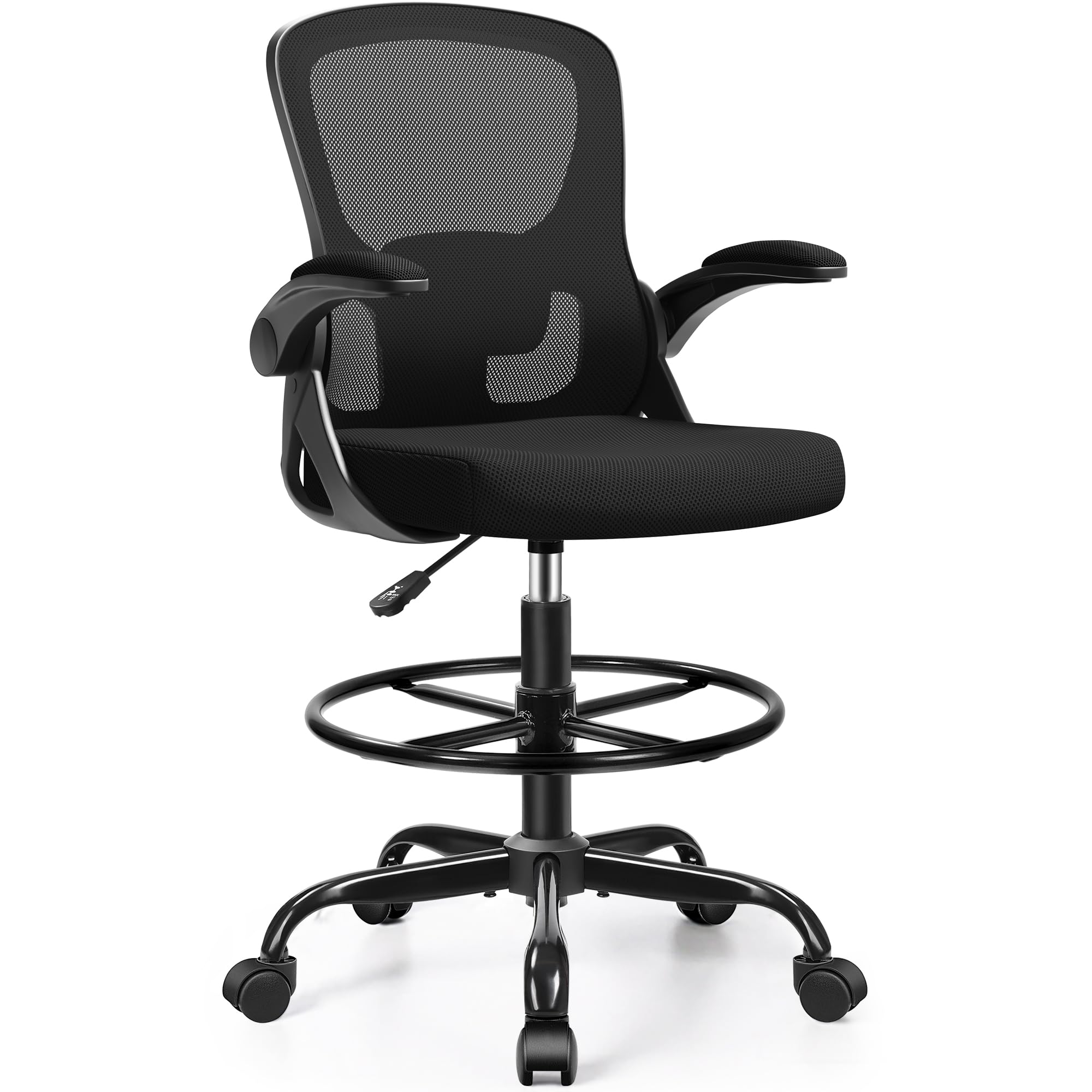 Drafting Chair Tall Office Chair for Standing Desk - Ergonomic Computer Work Stool with Flip-up Arms, Foot Ring &amp; Adjustable Lumbar Support. Ideal for Studio, Artist, Engineer, &amp; Study (Black)