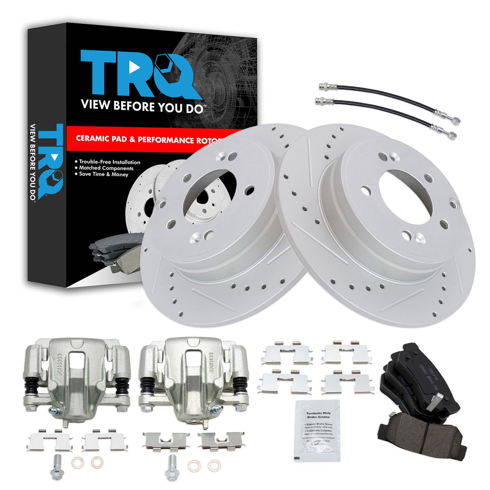 TRQ Performance Rear Brake Pad and Rotor Set Ceramic Slotted Drilled G Coated Rotors Calipers Compatible with 2006 Hyundai Sonata