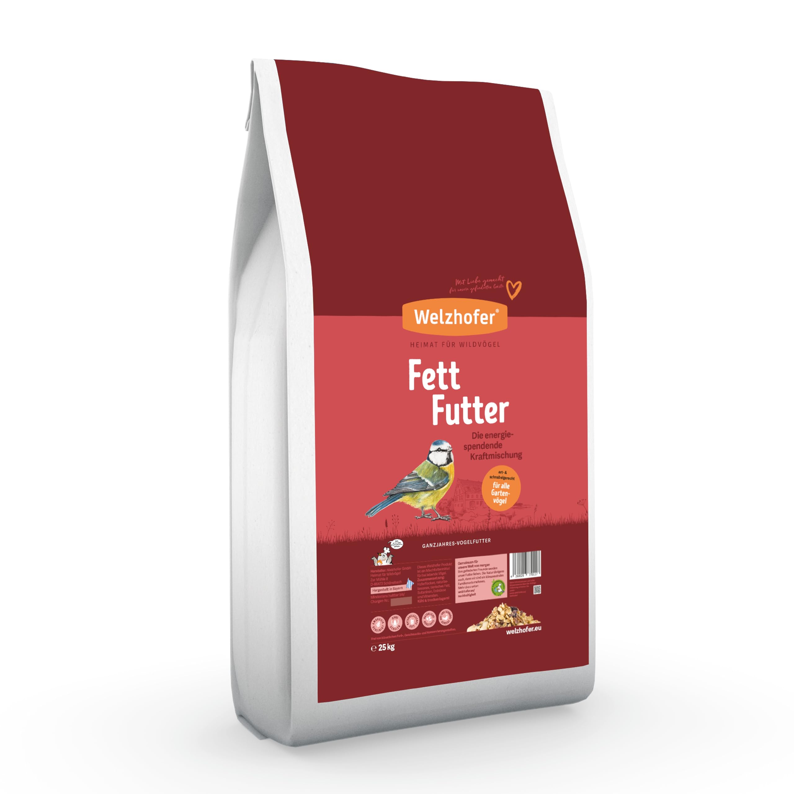 Fettfutter für Wildvögel 25kg – Hochenergetische Mischung mit Haferflocken, naturbelassenem Fett, Sultaninen und Erdnüssen. Ohne Zusatzstoffe. Artgerecht für das ganze Jahr.