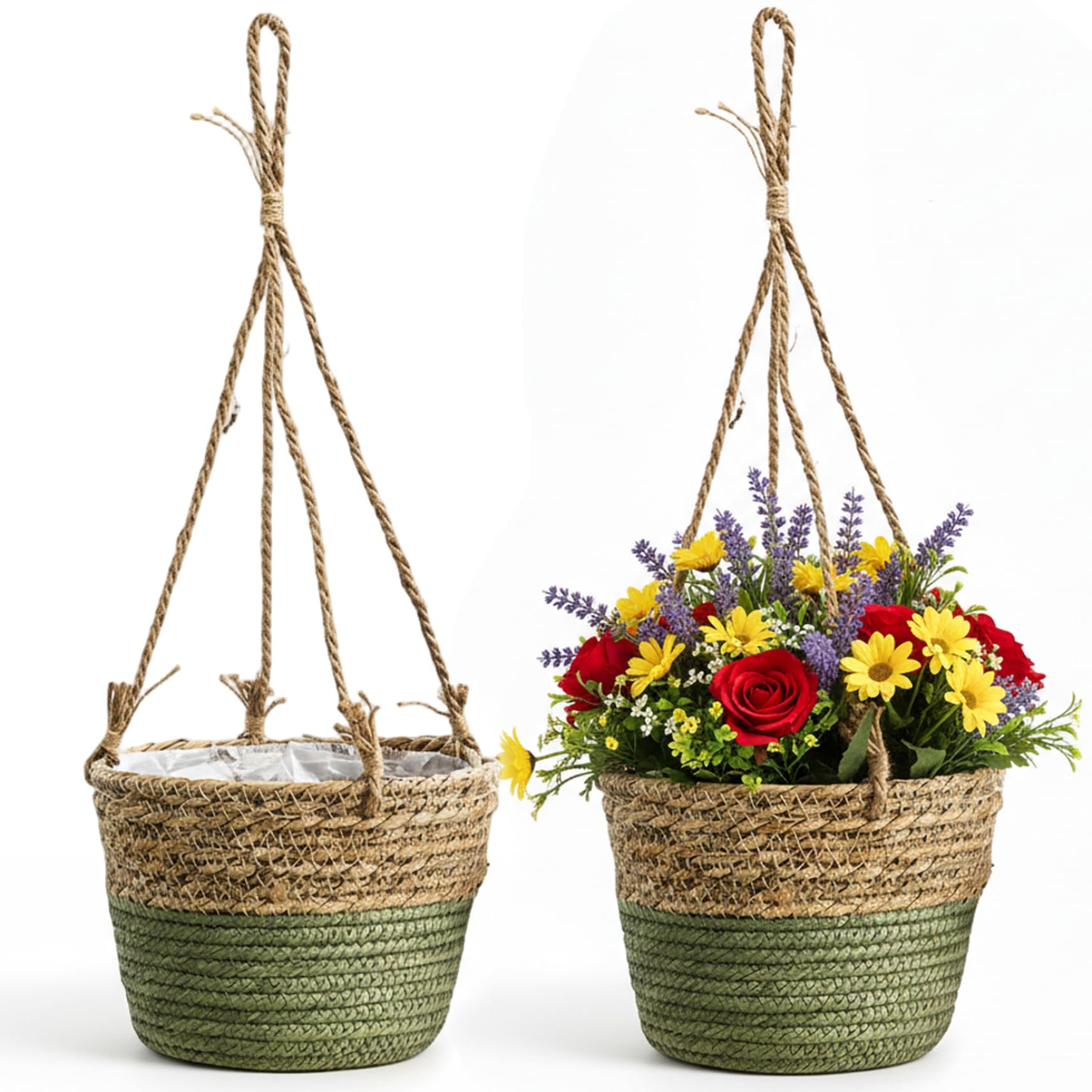 Confezione da 2 cestini sospesi Fioriera sospesa per interni in marina naturale con gancio in rattan intrecciato a mano per decorazioni per la casa Boho, esposizione di piante per giardino
