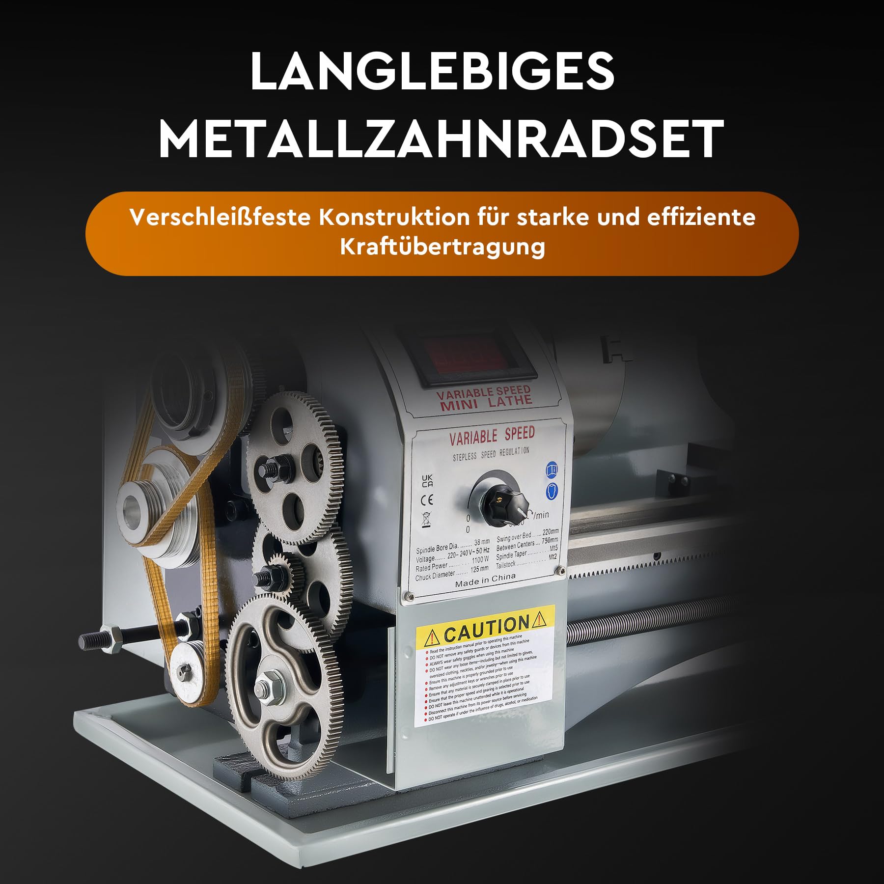 CREWORKS Metalldrehmaschine 1100 W Metalldrehmaschine 220 x 750 MM Drehmaschine Tischdrehmaschine 0-3000 U/min mit 3-Backenfutter für Heimwerker-Holz- und Metallbearbeitung