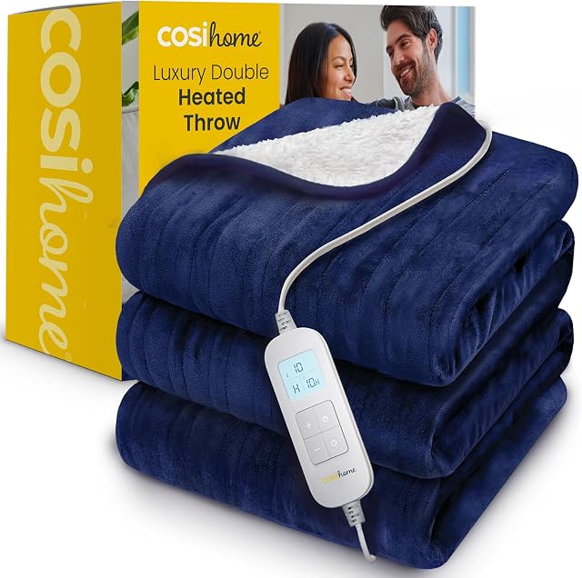 Cosi Home® Luxury Heated Throw in Navy Blue - Electric Blanket - Extra Large Heated Blanket, Machine Washable Fleece & Sherpa - Digital Remote, Timer and 10 Heat Settings - Double Size, 200 x 150 cm