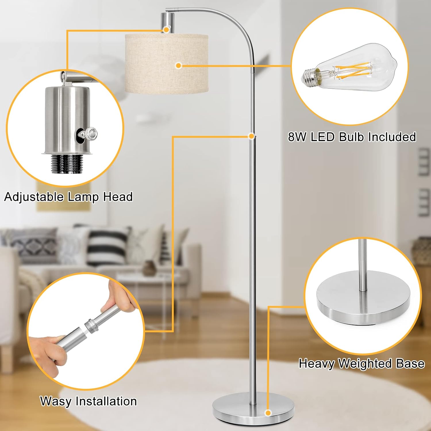 Floor Lamp for Living Room Fully Dimmable Modern Standing Lamp,Silver Arc Floor Lamp with Adjustable Drum Shade, Tall Pole Lamp for Bedroom Study Room,8W LED Bulb Included