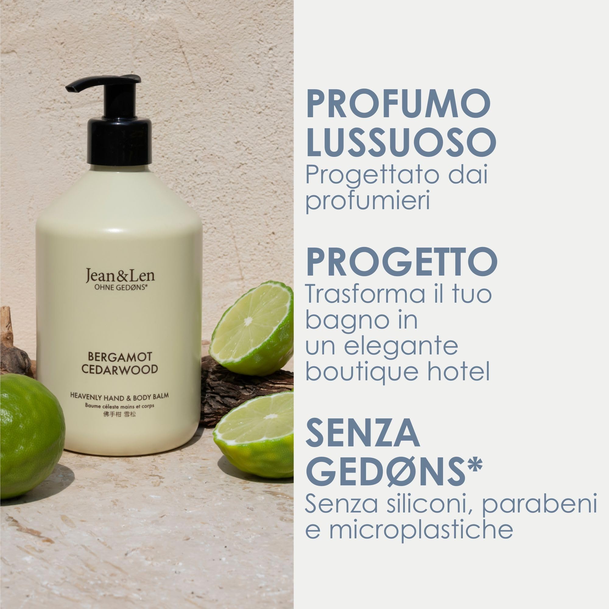 Jean & Len Heavenly Hand- & Body Balm Bergamot & Cedarwood, per un'esperienza di cura profumata, con olio di argan bio e burro di karité, flacone pregiato, senza parabeni e siliconi, 500 ml