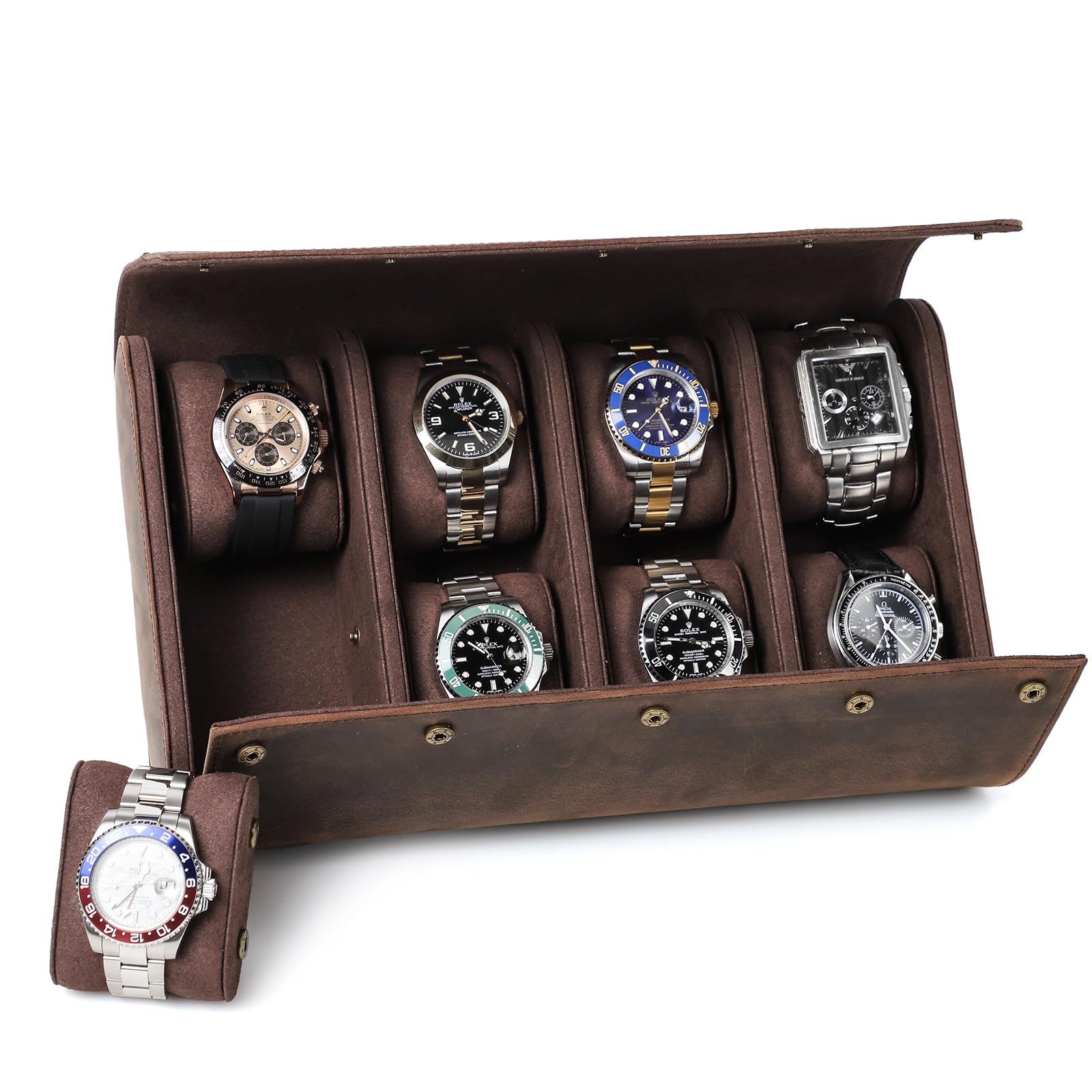 HVMBEUGOS Watch Storage Box, Genuine Leather 8 Slot Watch Protective Roll Case, Organizer for Jewelry Watch with Removable Cushion Pillows (Coffee)