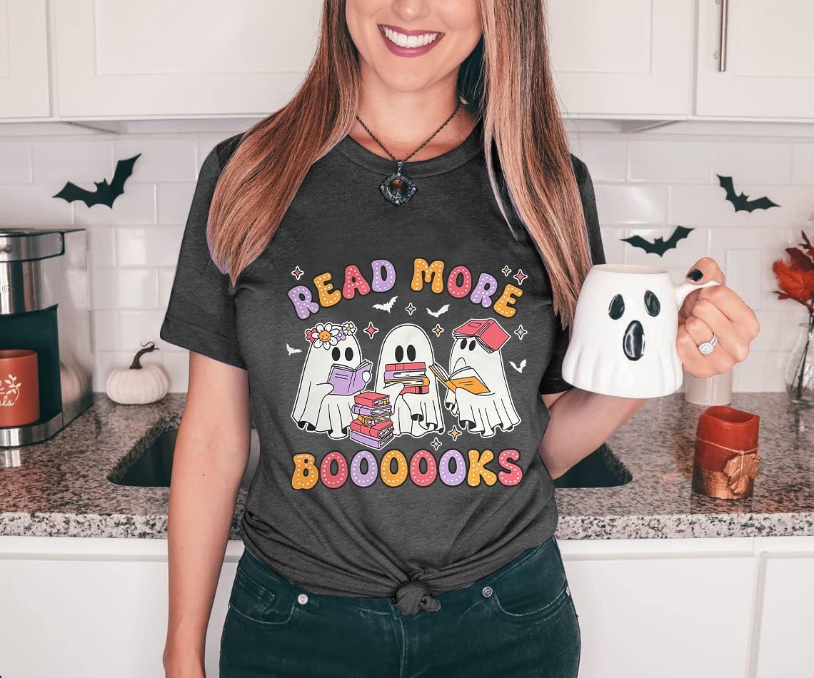 Halloween Teacher Shirts for Women Groovy Read More Books Ghost T-Shirt Short Sleeve Halloween Party Tee Tops - Image 2
