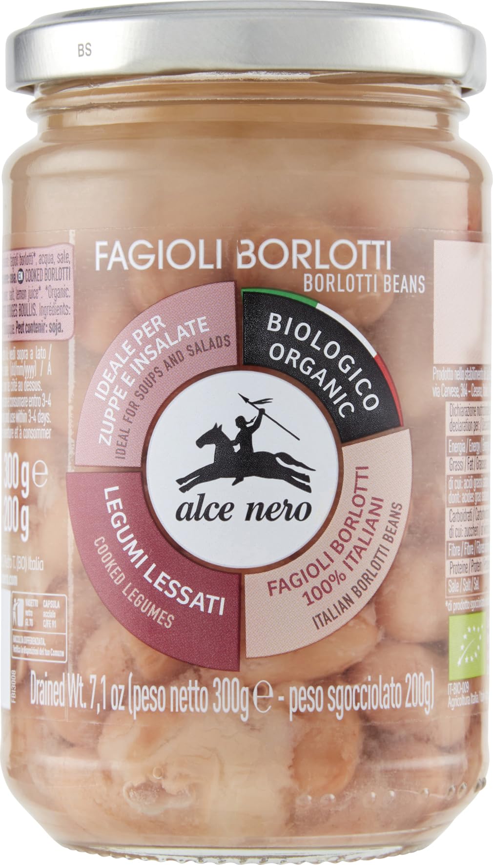 Alce Nero Organic boiled Borlotti Beans - Without Added Salt-Rehydrated and Boiled Borlotti | FAGIOLI BORLOTTI LESSATI BIO ALCE N, 400g