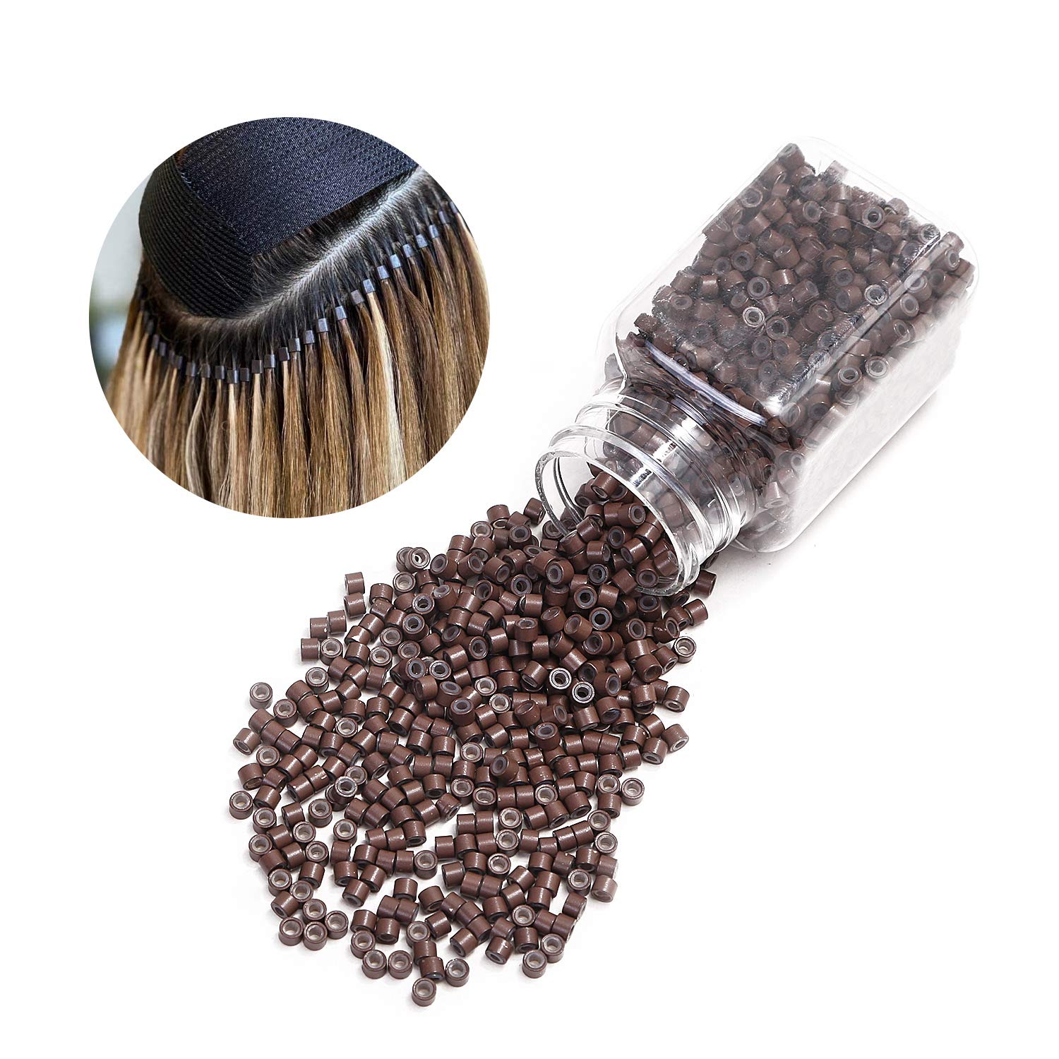 500 Silicone Microlink Ring 4mm Lining Beads for Hair Extension Tools (Brown)