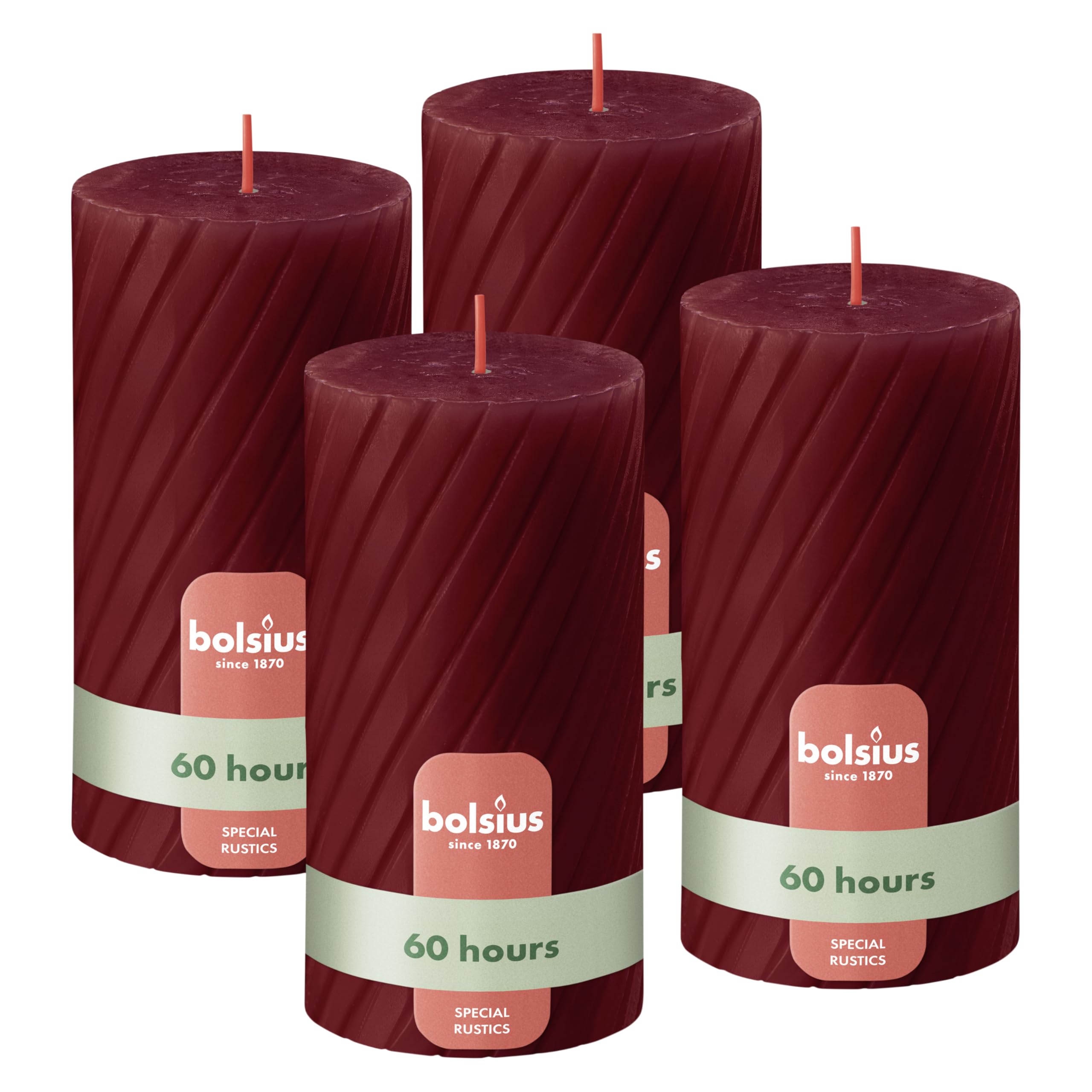 Bolsius Rustic Pillar Candles โ Ribbed โ Red โ Set of 4 โ 13 cm โ Decorative Household Candles โ Made with Natural Plant-Based Wax โ Palm Oil Free