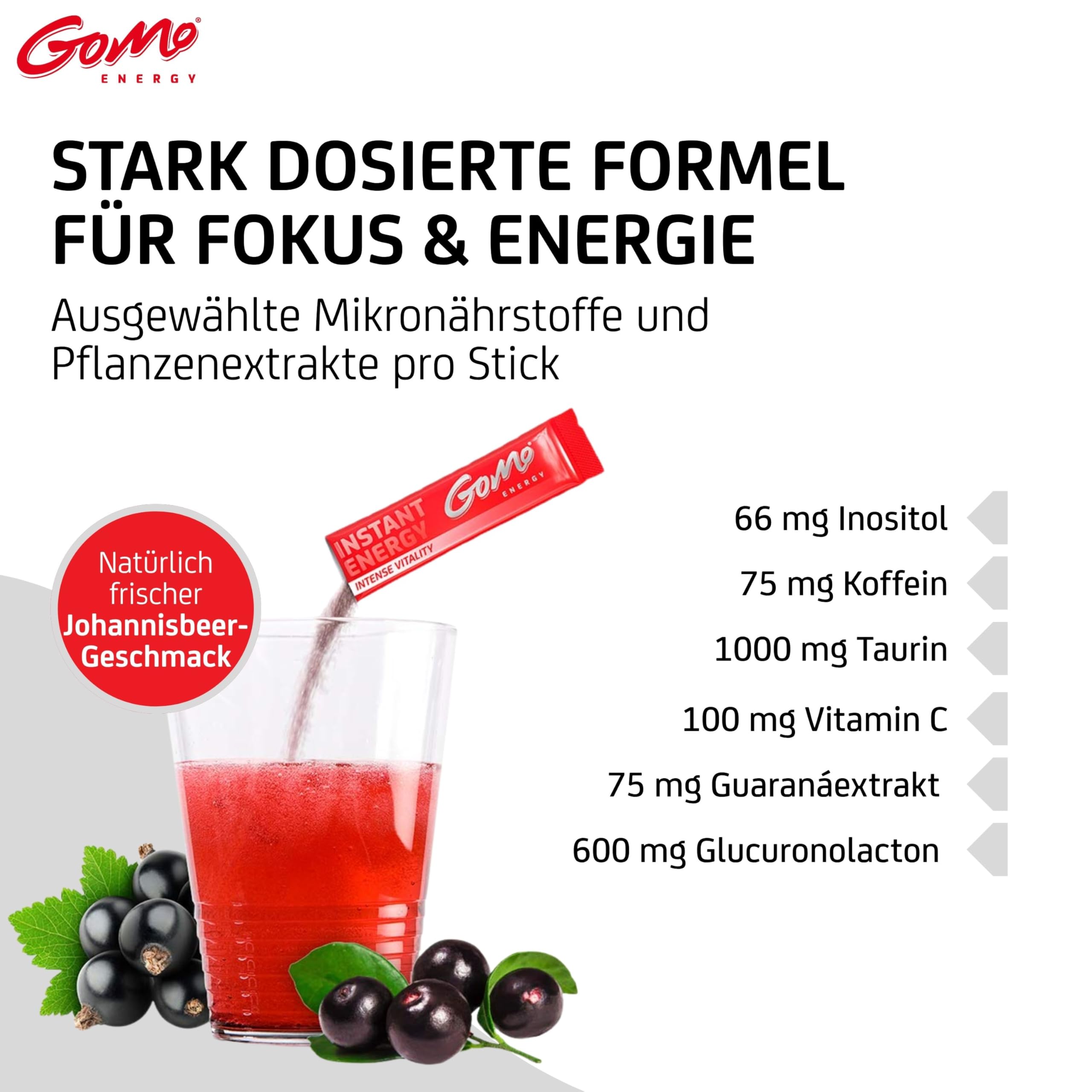GoMo ENERGY® Energiegetränk ohne Zucker I Wachmacher mit L-Carnitin, Koffein, Vitamin-B-Komplex hochdosiert I Getränkepulver mit beerigem Holunder Geschmack I INTENSE VITALITY (100 Stk)