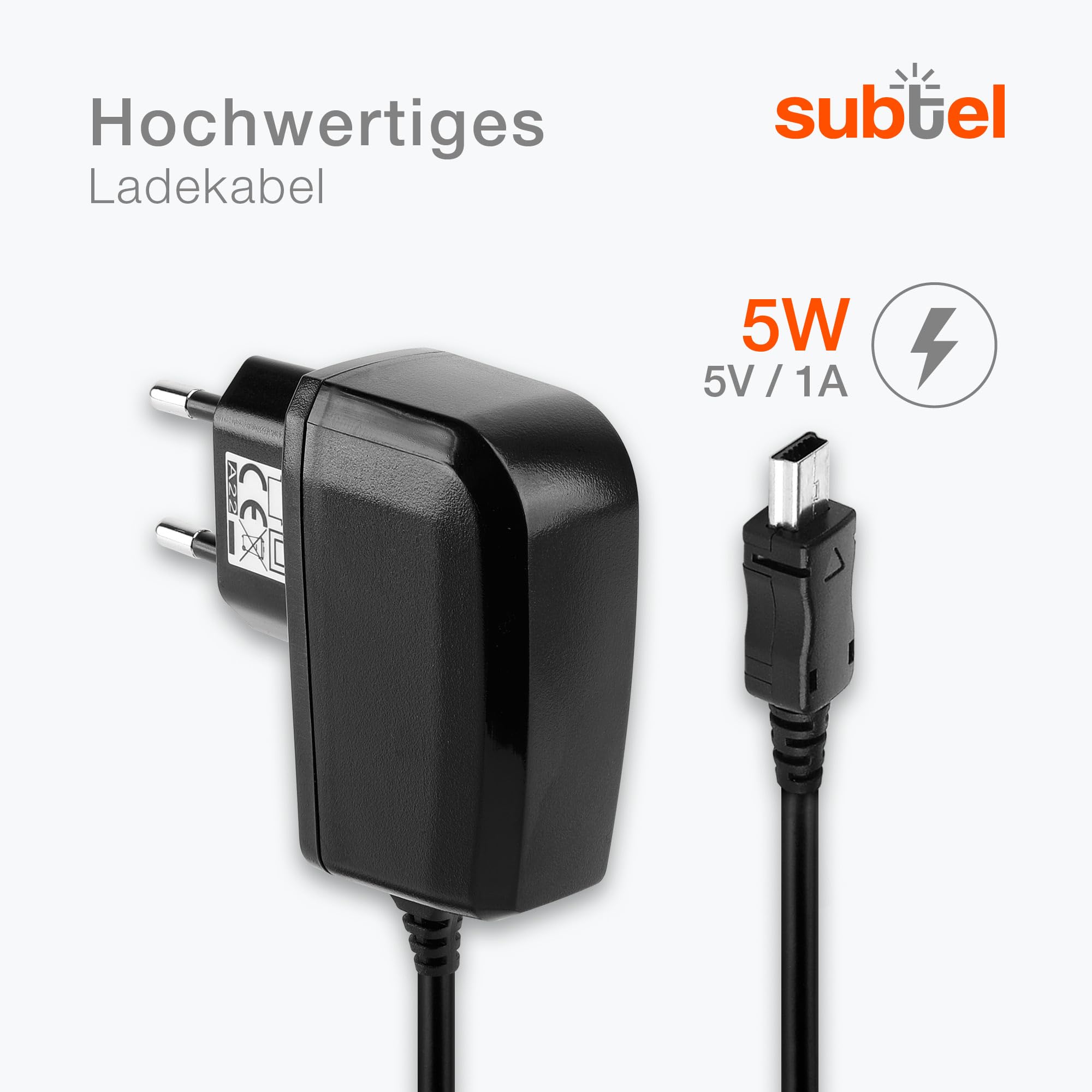 subtel GPS Ladegerät kompatibel mit Garmin Edge Drive DriveAssist DriveSmart Nüvi Oregon eTrex GPSMAP Navigator Ladekabel Mini USB Netzteil Navigationsgerät Auflader 1A / 1000mA Anschluss Stecker