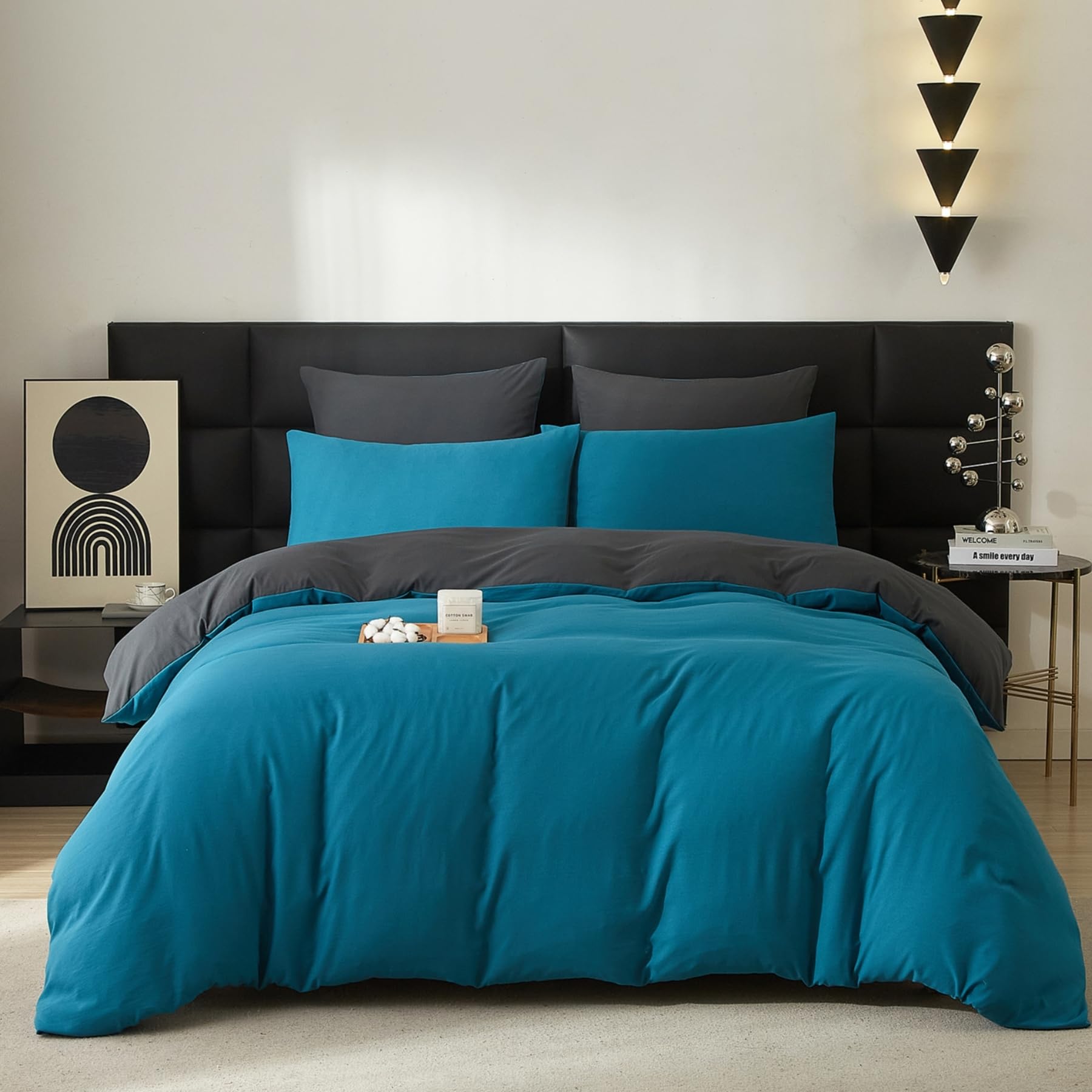 Gezu Juego de Ropa de Cama de Algodón de 220 x 200 cm, 3 Piezas, Color Azul y Gris Petróleo, Diseño Sólido, Ropa de Cama Reversible de 200 x 220 cm y 2 Fundas