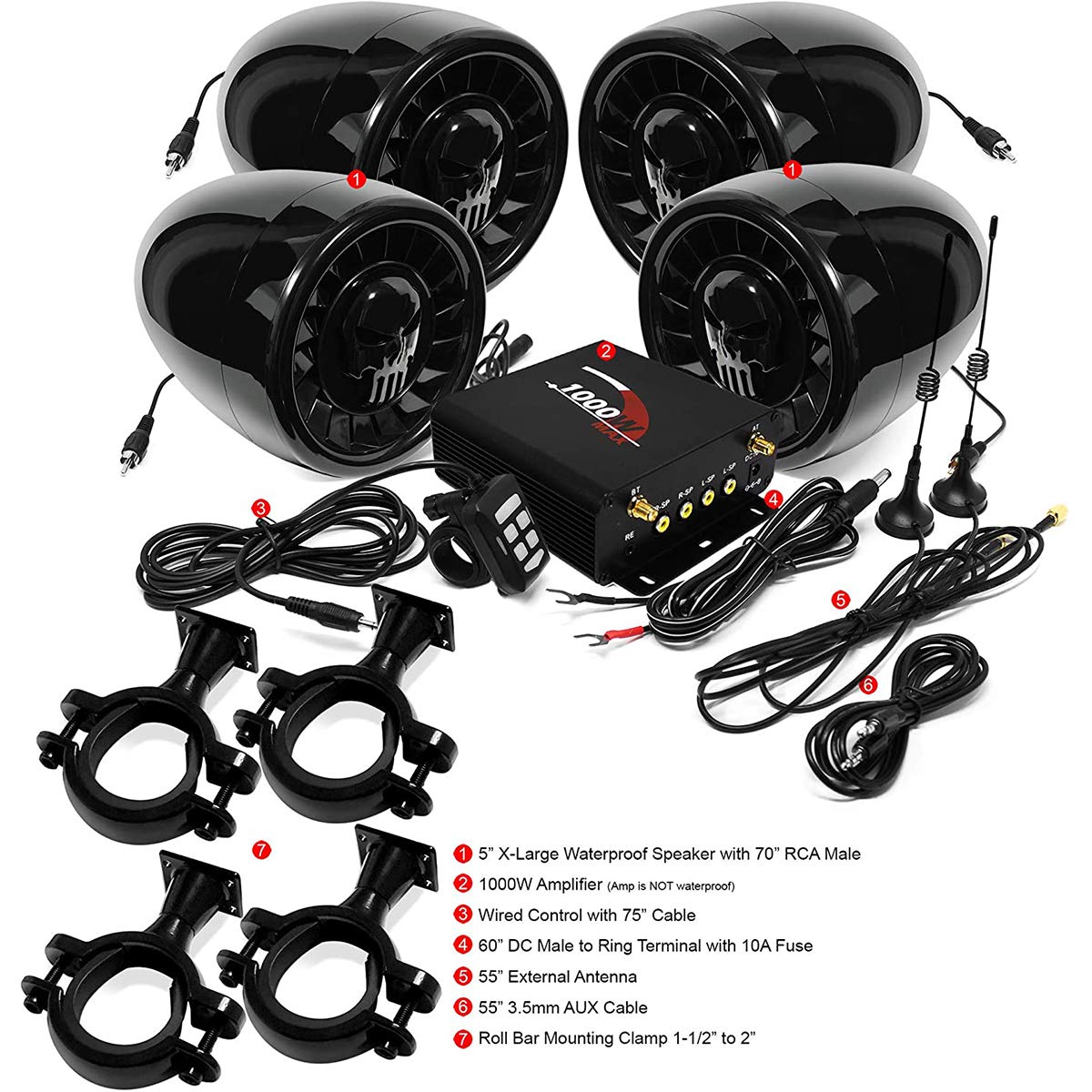 4 Canales de Motocicleta Amplificador 5 "de Alcance Completo Sistema de Altavoces estéreo Bluetooth Amplificador de Audio con AUX USB SD FM Radio para 1,5" a 2 "ATV UTV Can-Am Polaris Jeep