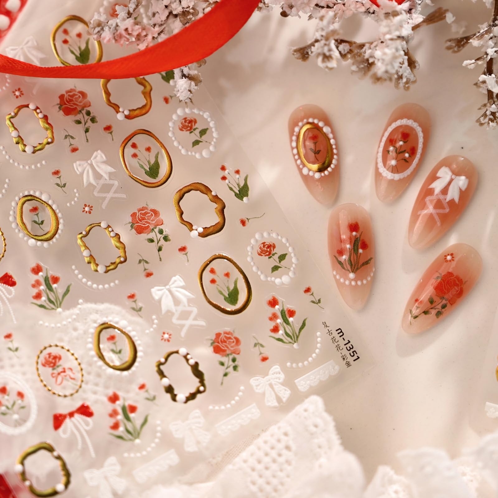 Vintage Rose Nail Stickers with Gold Foil Frame Nail Decals 5D Embossed Self-Adhesive Nails Art Stickers for Women Manicure Decoration Accessories Supply