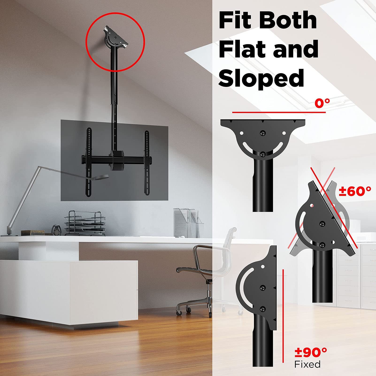 Supporto TV da soffitto con orientabile a 360° e asta regolabile per schermi piatti/curvi da 37 a 80 pollici, compatibile con VESA 600 x 400 mm, ideale per soffitti piatti e inclinati