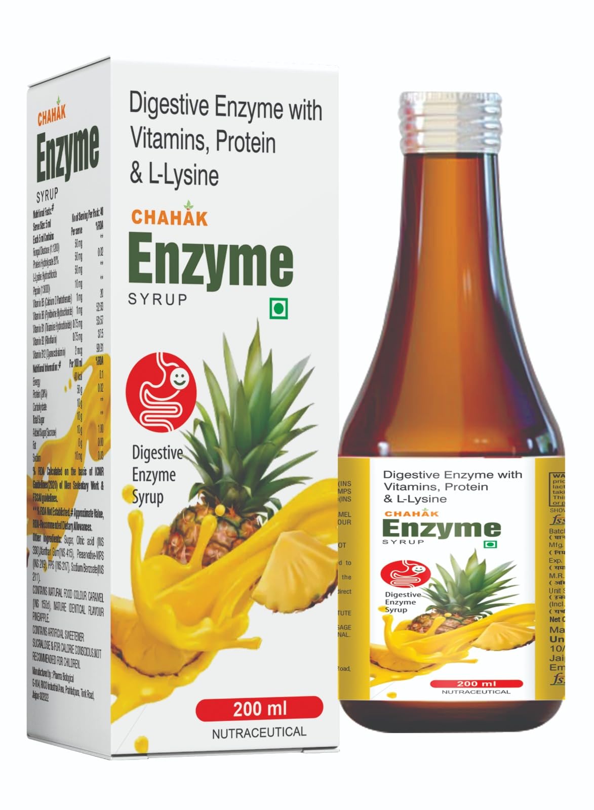 Chahak Digestive Enzyme Syrup with Vitamins, Protein & L-Lysine, 200 ml (PACK OF 2)