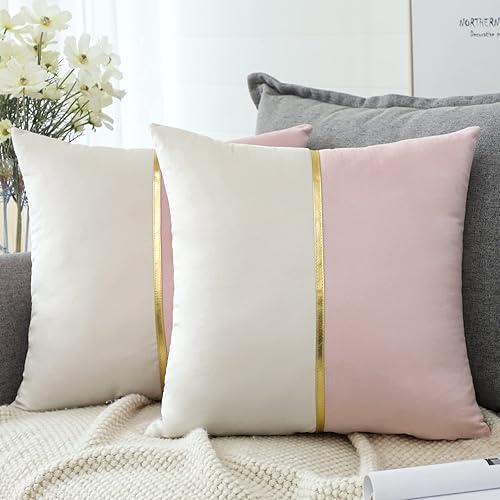 OTOSTAR Juego de 2 fundas de almohada cuadradas de terciopelo rosa y blanco con retazos de cuero dorado, modernas, minimalistas, cuadradas, para