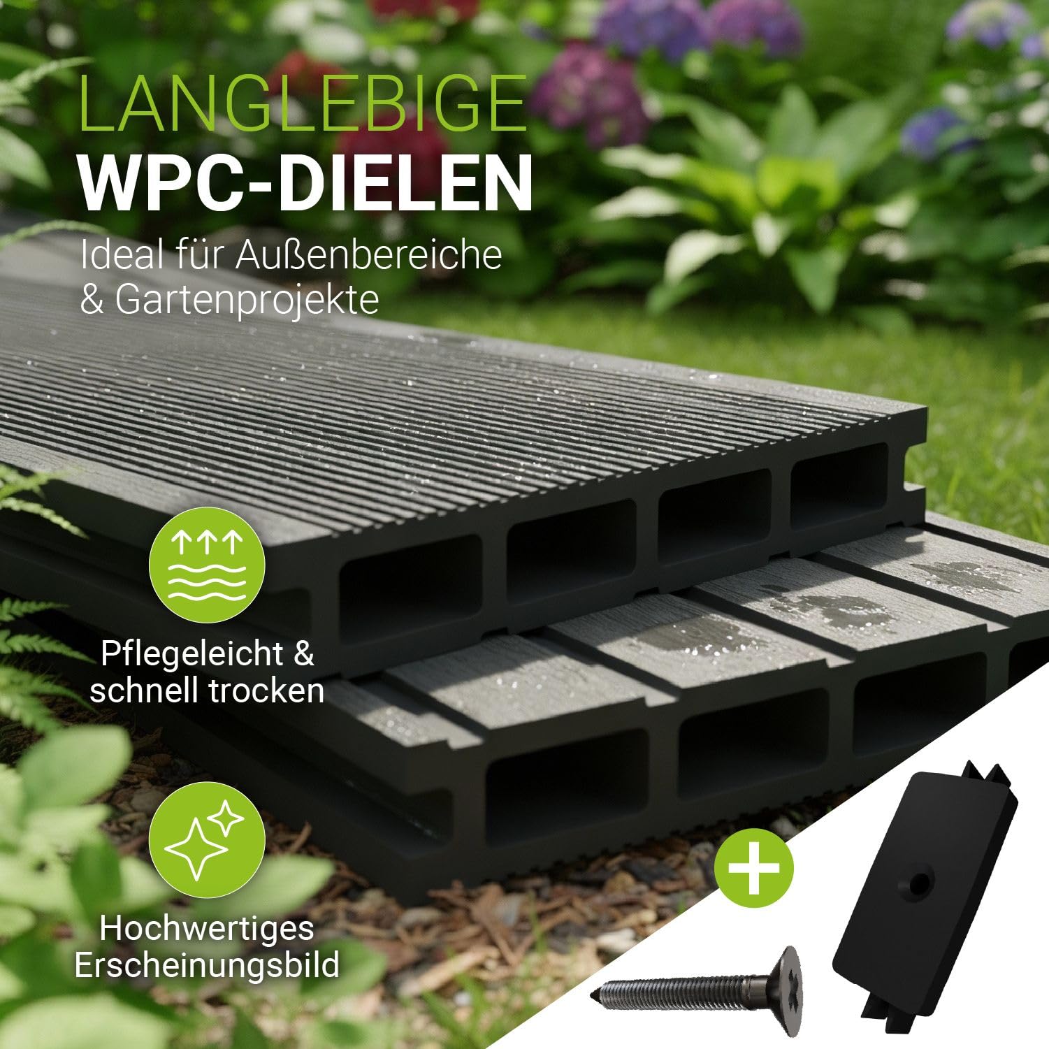 Juskys WPC Terrassendielen 6 m² – 220 cm Dielen, wetterfest & pflegeleicht, inkl. Unterkonstruktion, Clips & Schrauben, rutschfest für Terrasse & Balkon – Anthrazit