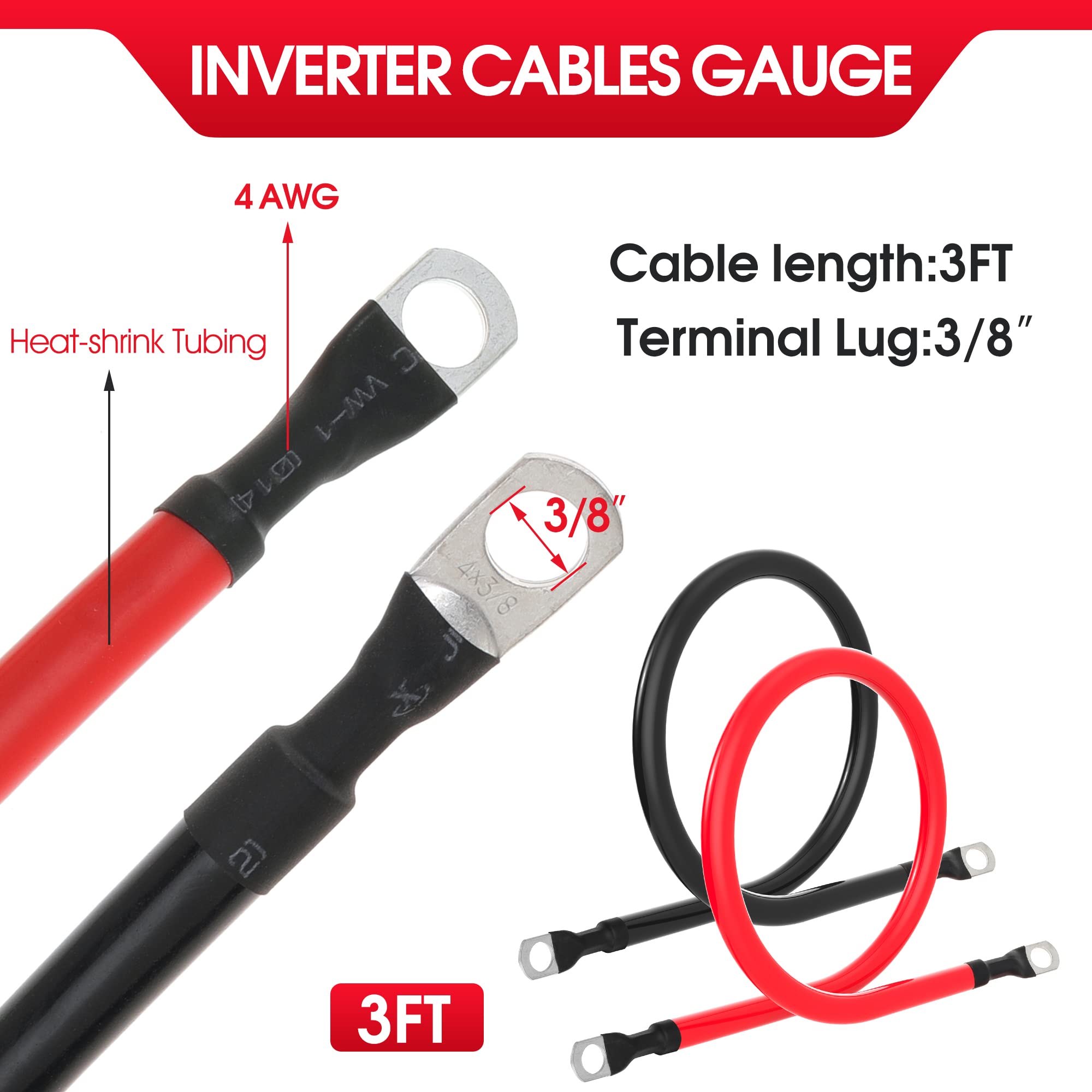 Cavi inverter in rame con calibro 4 AWG, con alette da 0,9 cm su entrambe le estremità, per auto, barca, camper, auto, moto, rosso e nero (0,9 m)