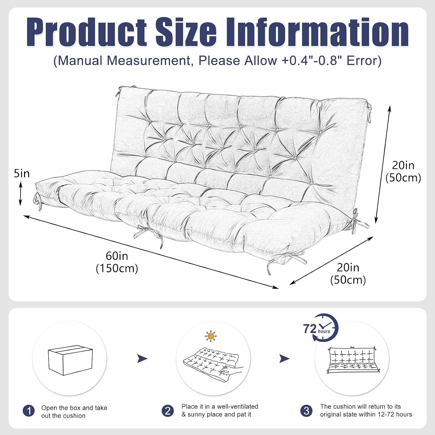 Porch Swing Cushions 60 inch Bench Cushion Waterproof Outdoor Swing Cushions 3 Seater Thick 5in Replacement Swing Cushions for Outdoor Furniture Patio (Navy Blue-60x40inch)