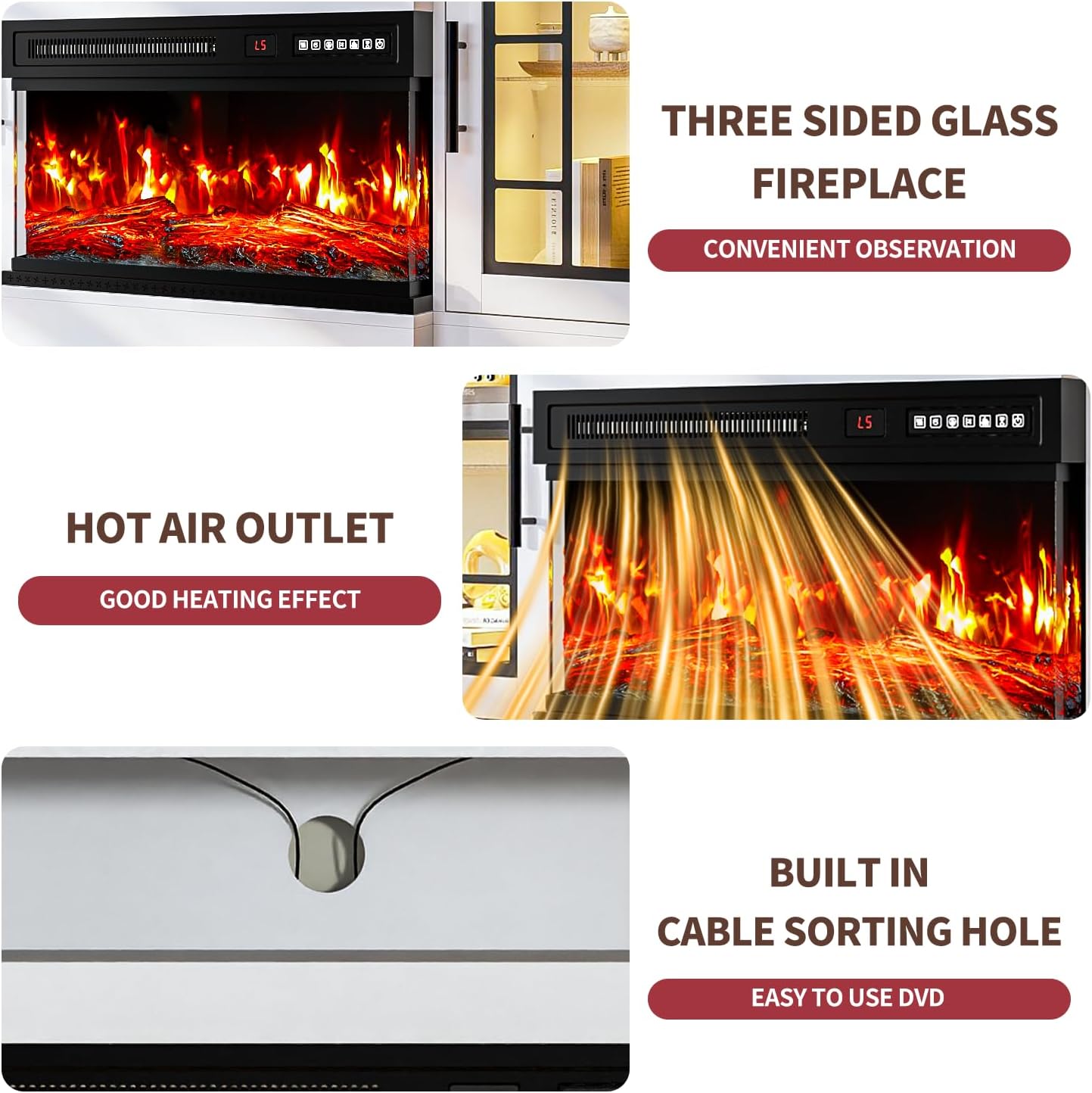 VITESSE 60'' Fireplace TV Stand,3 Sided Glass Media Entertainment Center Console Table for TVs up to 70'' with Storage Drawers & Cabinets with LED Flame and Lights for Living Room,White - Image 5